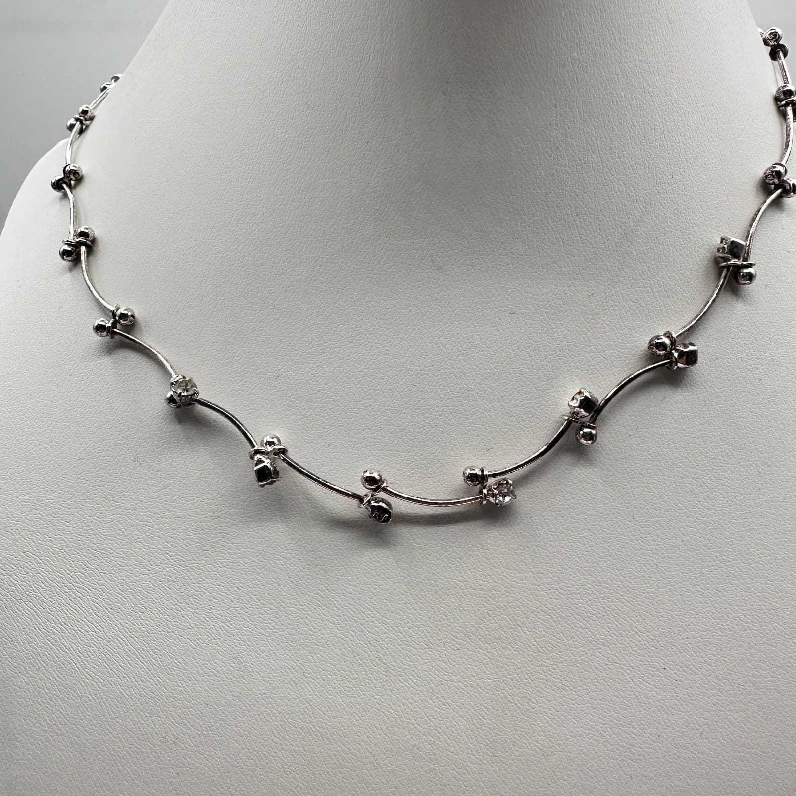 Vintage 90s Silver Tone Glass Choker Necklace & Dangle Earrings Jewelry Set - Thumbnail 14
