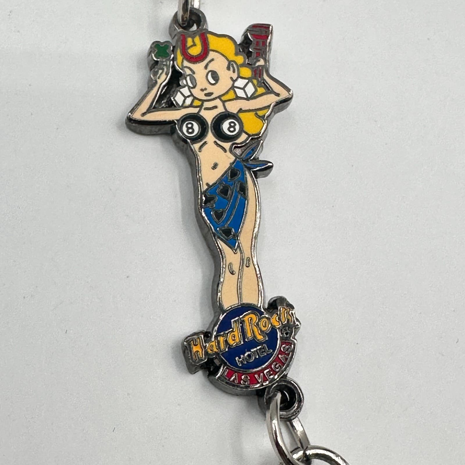 Vintage 90s Hard Rock Hotel LA Las Vegas Keychain Pinup Girl Lucky Dice Clover - Thumbnail 3