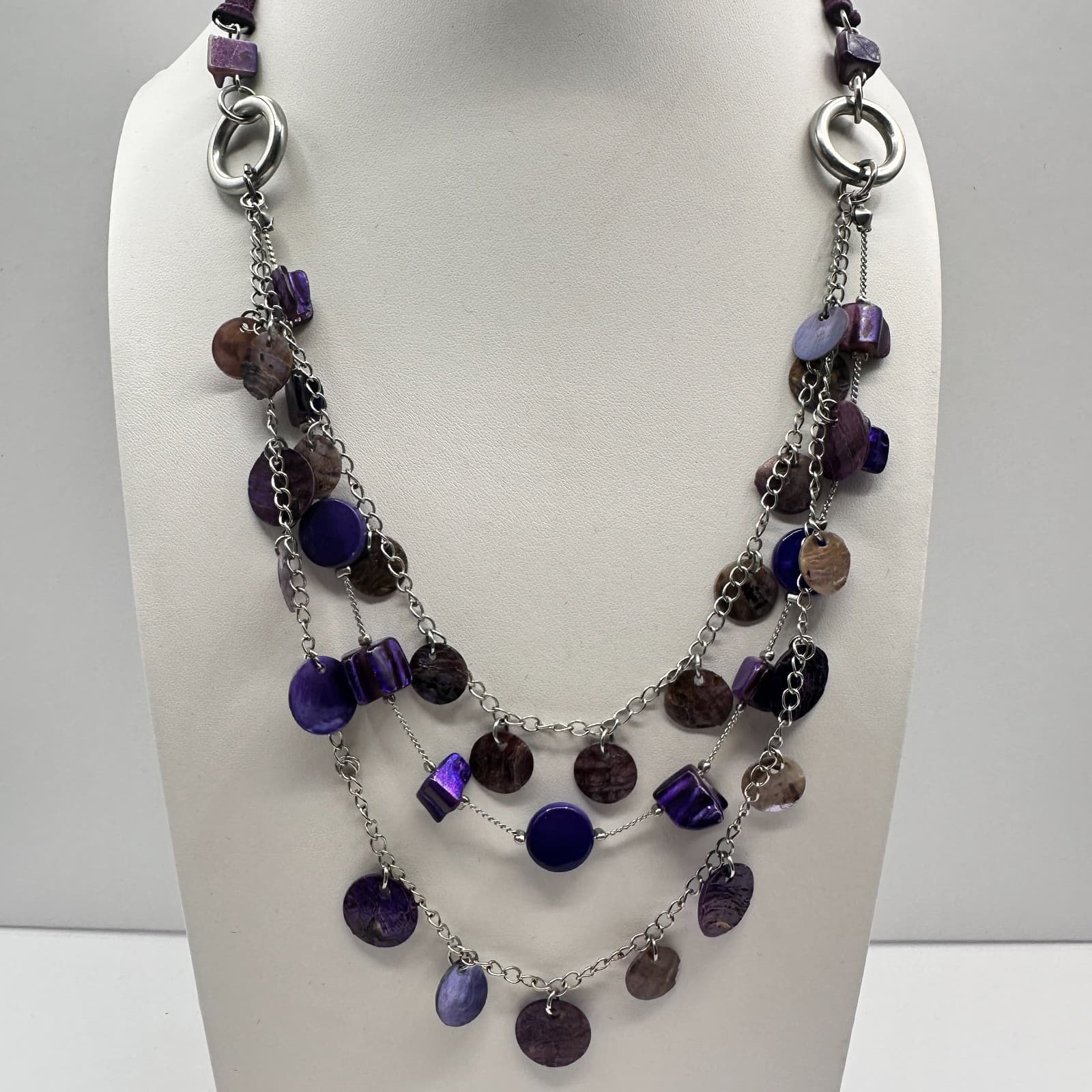 Vintage 90s Purple Shell Layered Statement Necklace Silver Tone Fashion Jewelry - Image 1