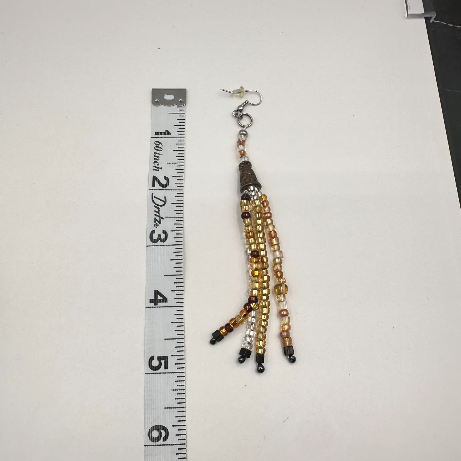 Vintage 90s Multi-Strand Glass Bead Tassel Dangle Earrings Amber Gold Tone Boho - Thumbnail 6