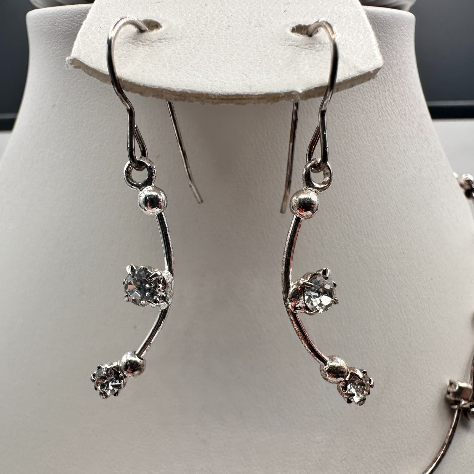 Vintage 90s Silver Tone Glass Choker Necklace & Dangle Earrings Jewelry Set - Thumbnail 5