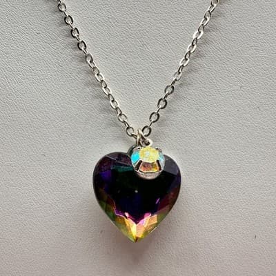 Vintage 90s Iridescent Rainbow Heart Pendant Necklace Silver Tone Boho Jewelry - Thumbnail 4