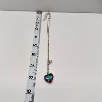Vintage 90s Iridescent Rainbow Heart Pendant Necklace Silver Tone Boho Jewelry - Thumbnail 6