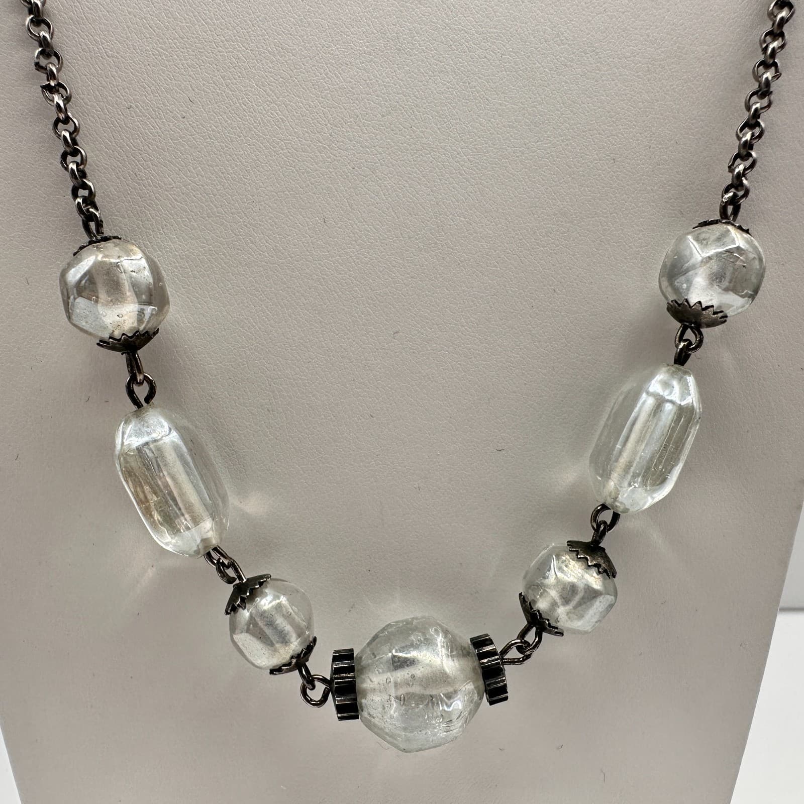 Vintage 90s Clear Glass Bead Necklace Silver Tone Chain Boho Women's Jewelry - Thumbnail 3