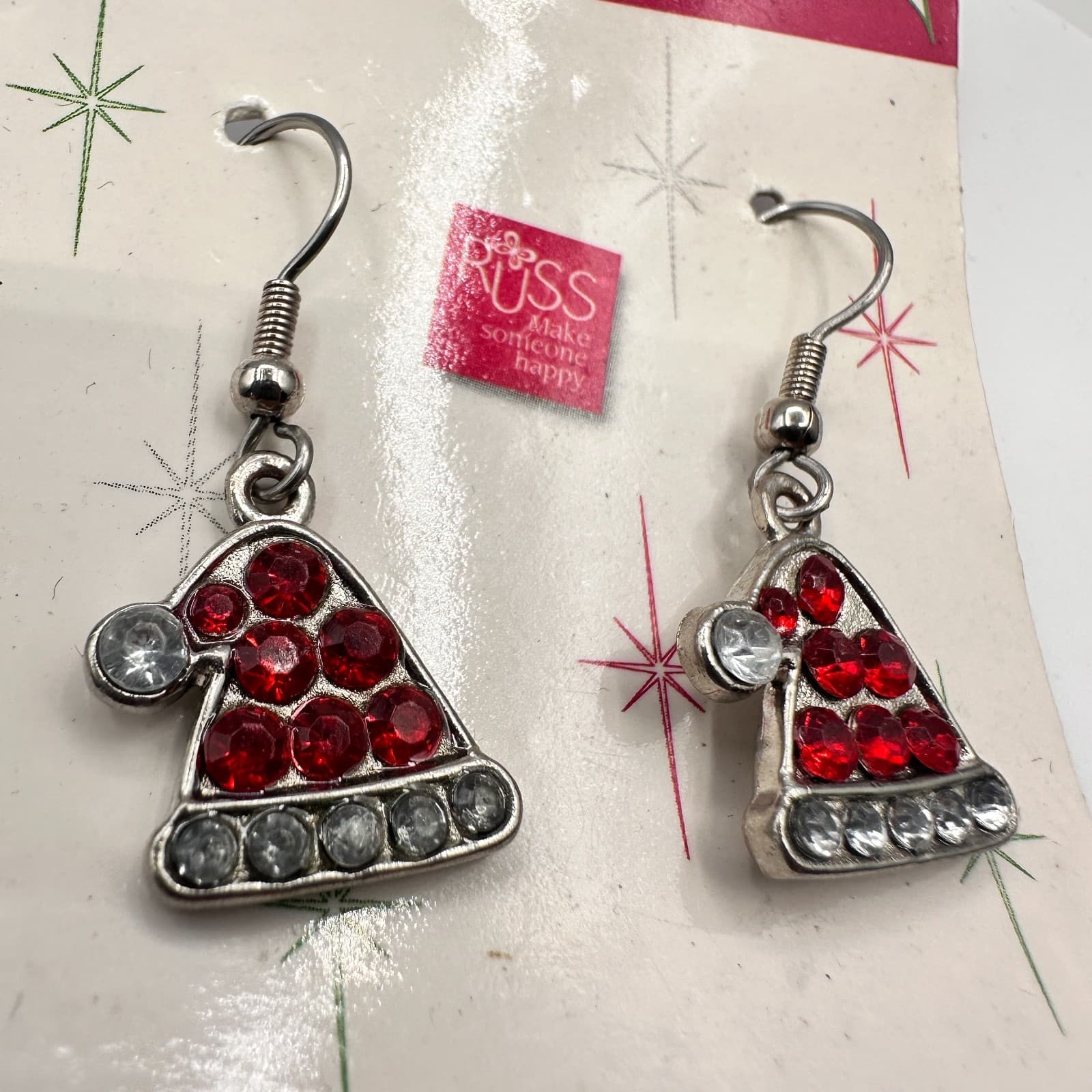 Vintage 90s Russ Holiday Brilliance Red Glass Santa Hat Dangle Earrings Jewelry - Thumbnail 2