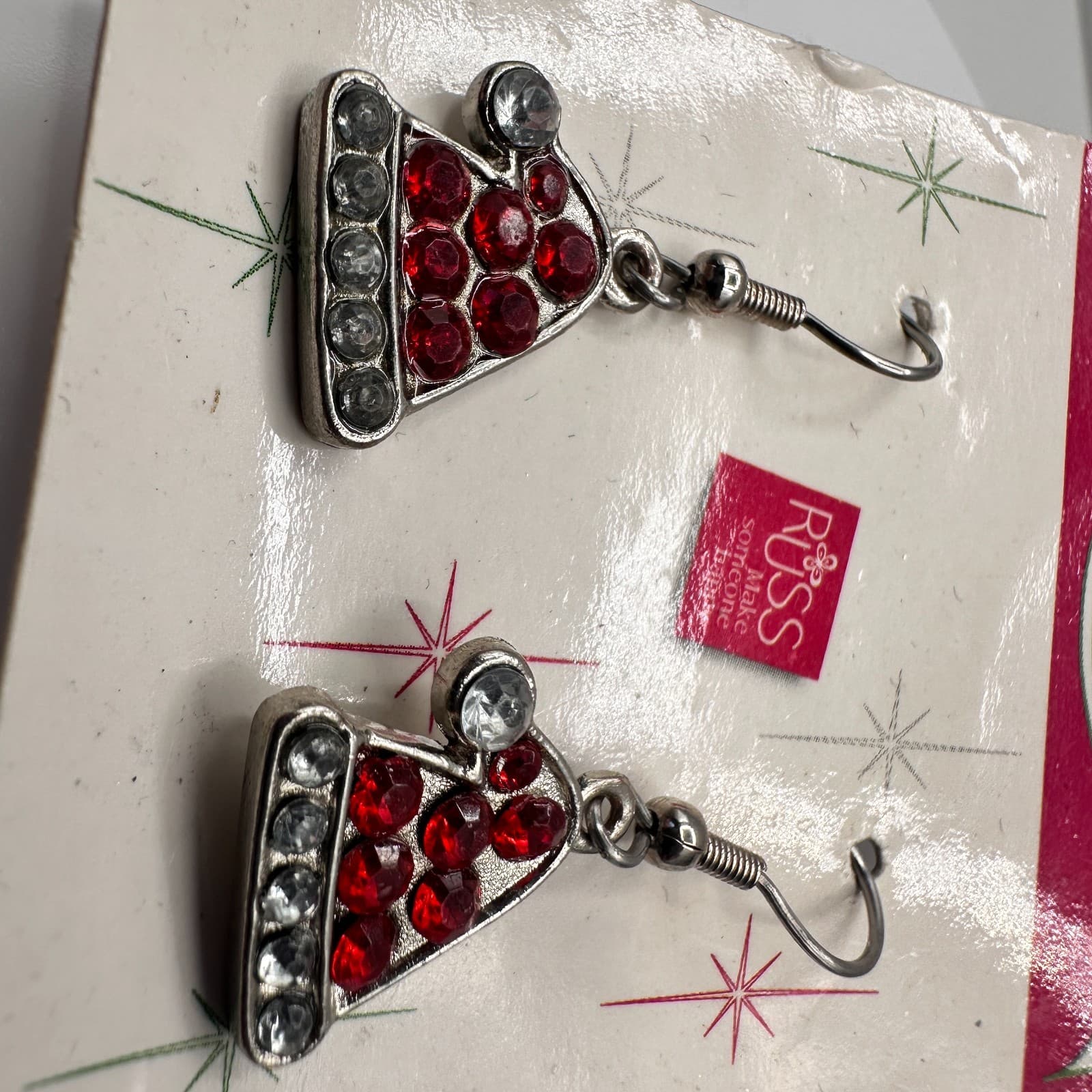 Vintage 90s Russ Holiday Brilliance Red Glass Santa Hat Dangle Earrings Jewelry - Thumbnail 4