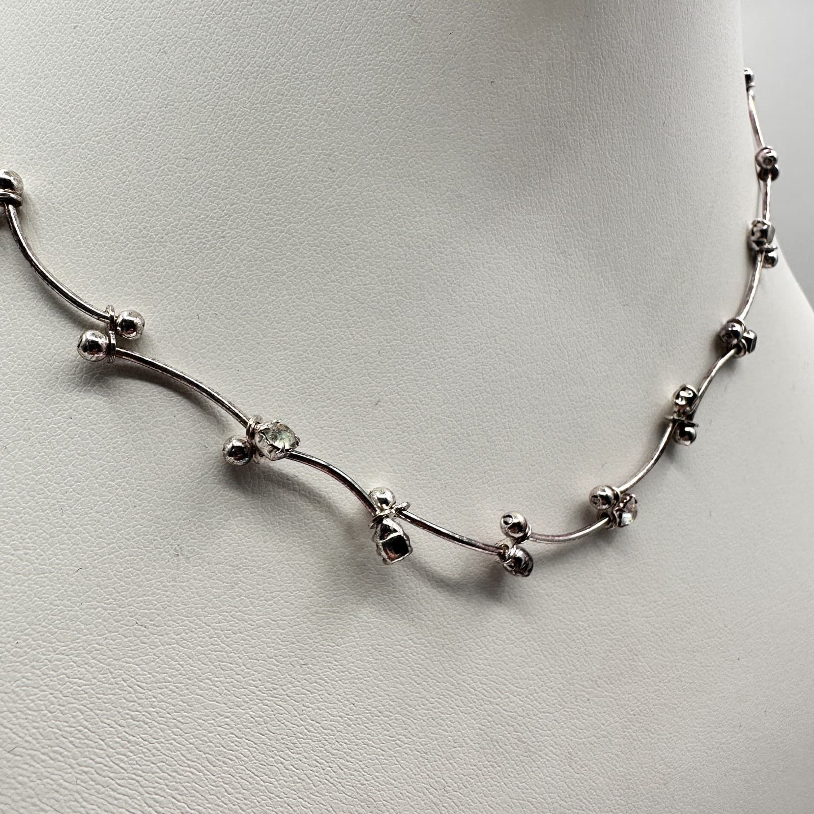 Vintage 90s Silver Tone Glass Choker Necklace & Dangle Earrings Jewelry Set - Thumbnail 12