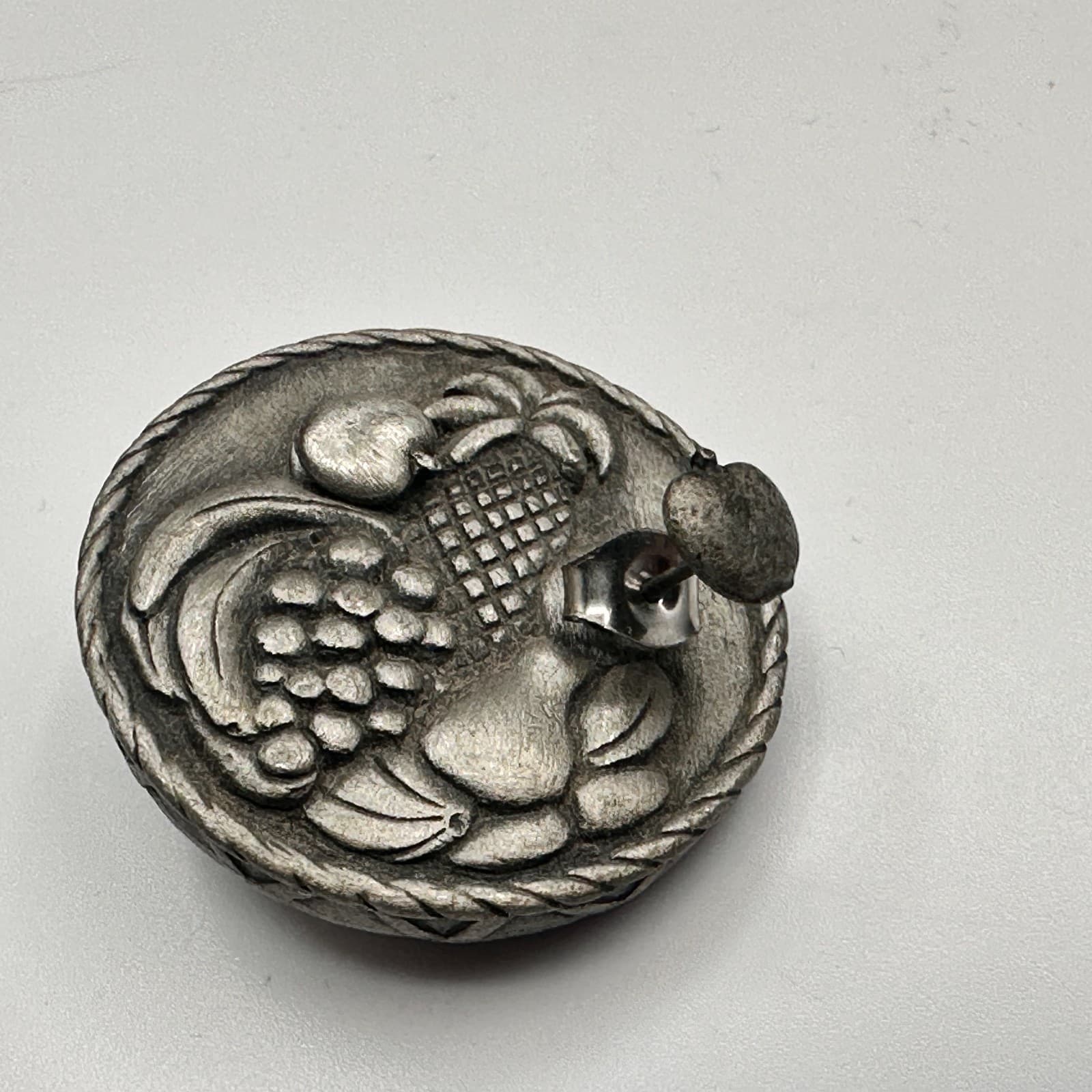 Vintage 80s JJ Pewter Fruit Basket Brooch & Stud Earrings Set Silver Tone - Thumbnail 6