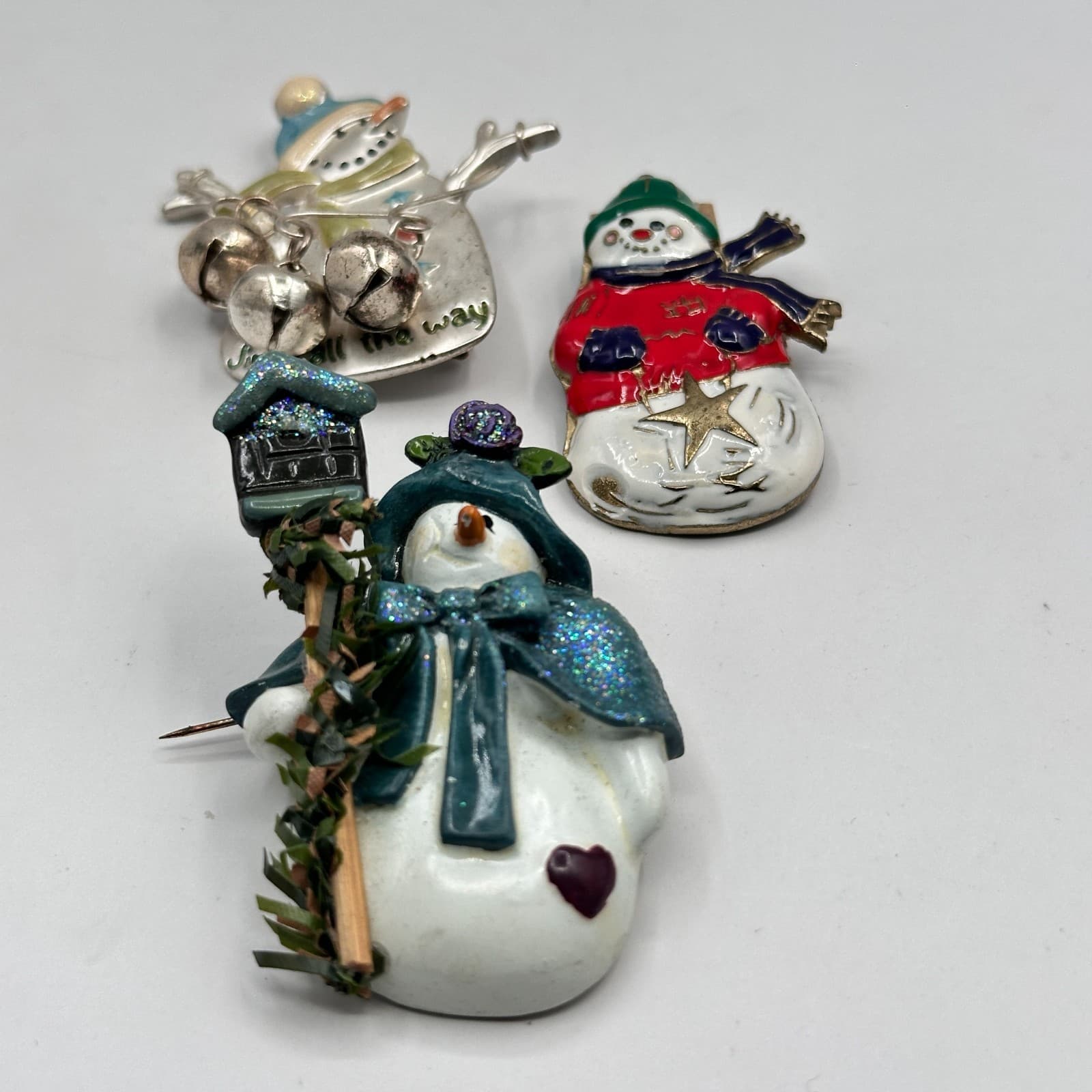 Vintage 90s Snowman Brooch Set Jingle All The Way Bells Christmas Holiday Pins - Image 1