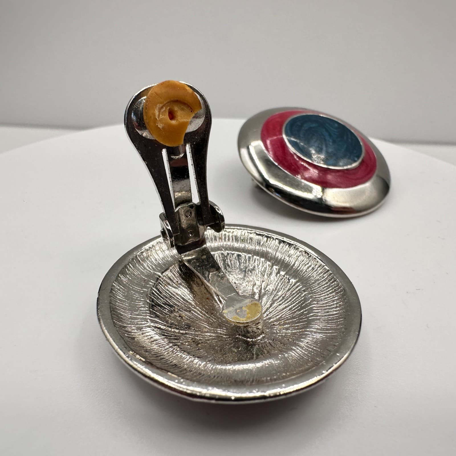 Vintage 80s Pink Blue Enamel Clip On Earrings Silver Tone Large Round Statement - Thumbnail 4