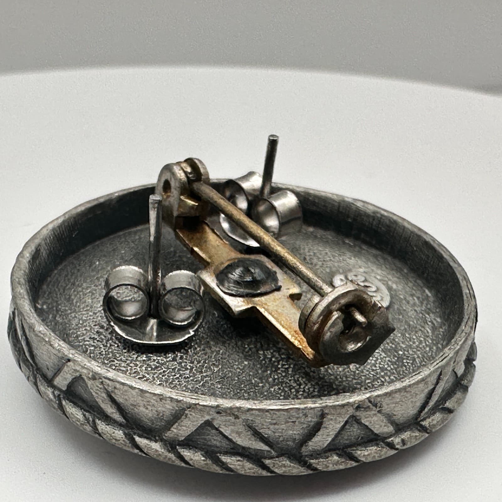 Vintage 80s JJ Pewter Fruit Basket Brooch & Stud Earrings Set Silver Tone - Thumbnail 3