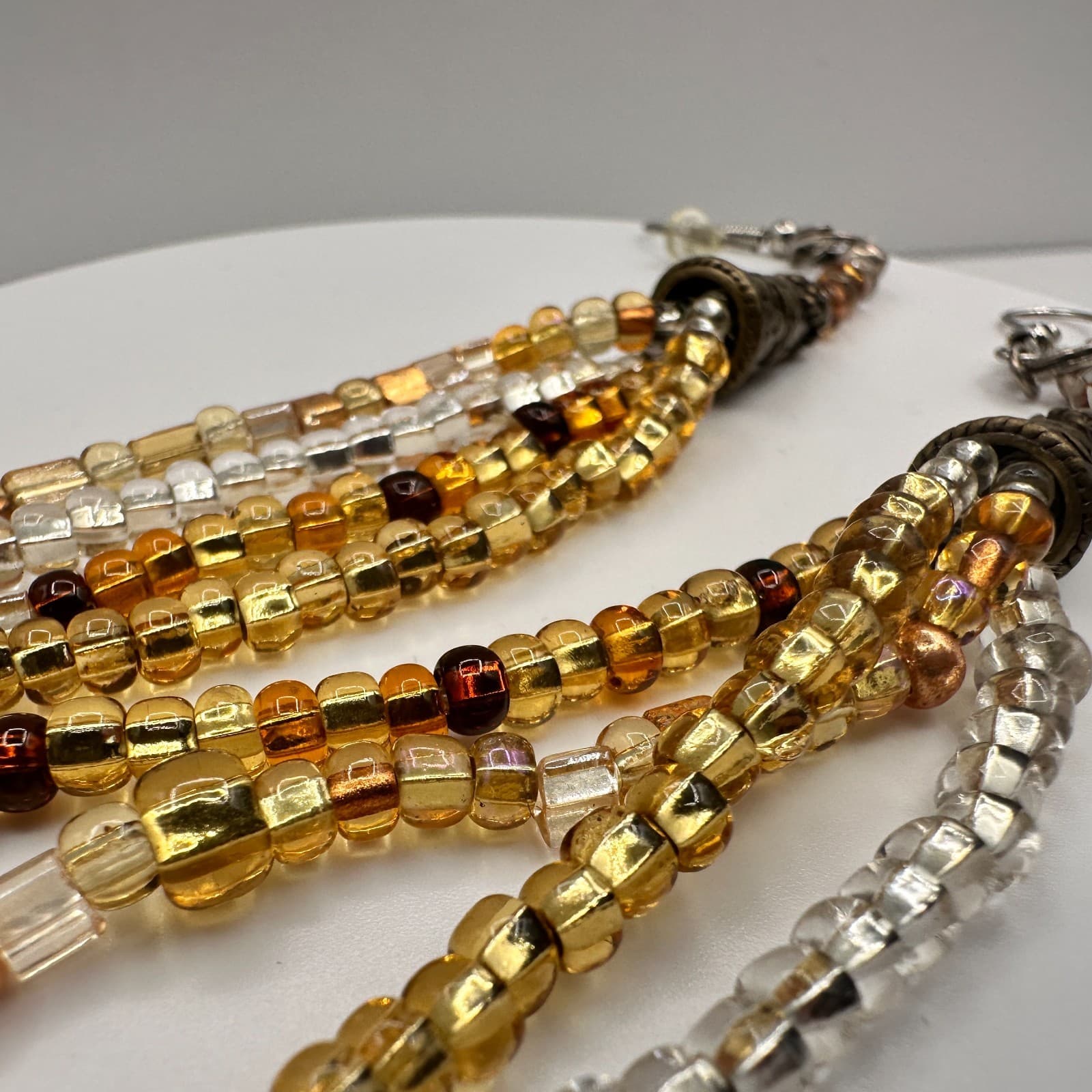 Vintage 90s Multi-Strand Glass Bead Tassel Dangle Earrings Amber Gold Tone Boho - Thumbnail 3