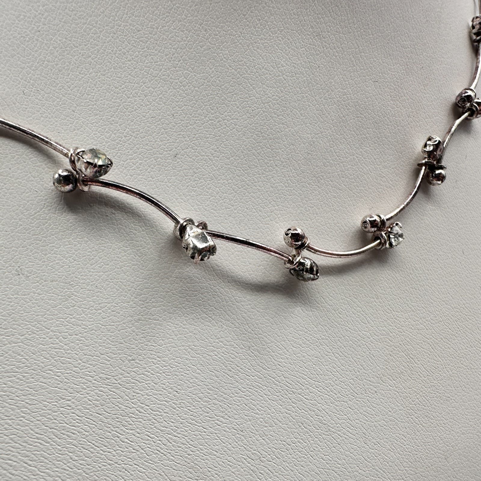 Vintage 90s Silver Tone Glass Choker Necklace & Dangle Earrings Jewelry Set - Thumbnail 3