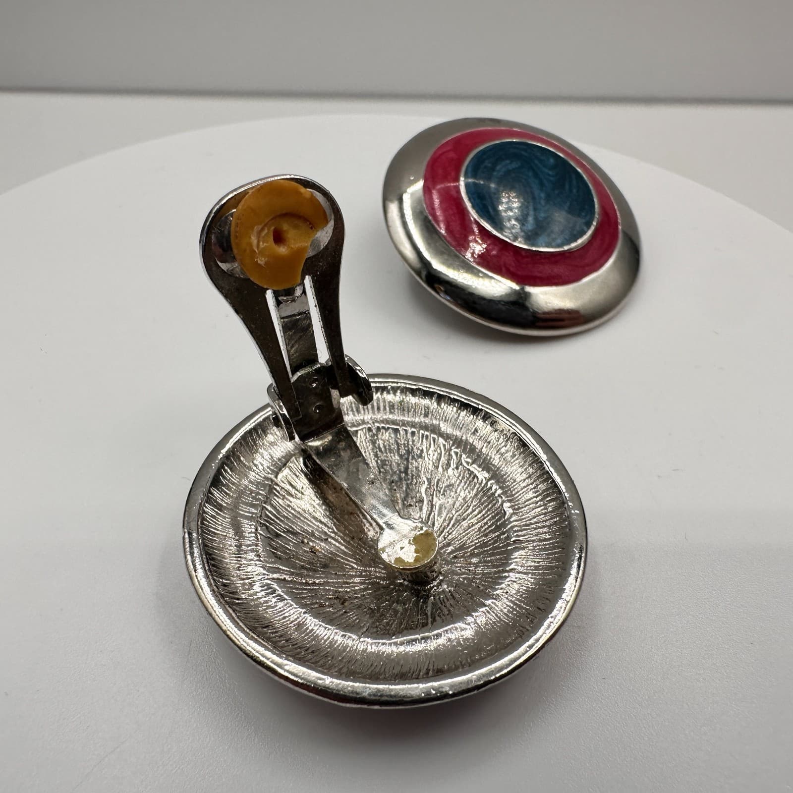 Vintage 80s Pink Blue Enamel Clip On Earrings Silver Tone Large Round Statement - Thumbnail 5