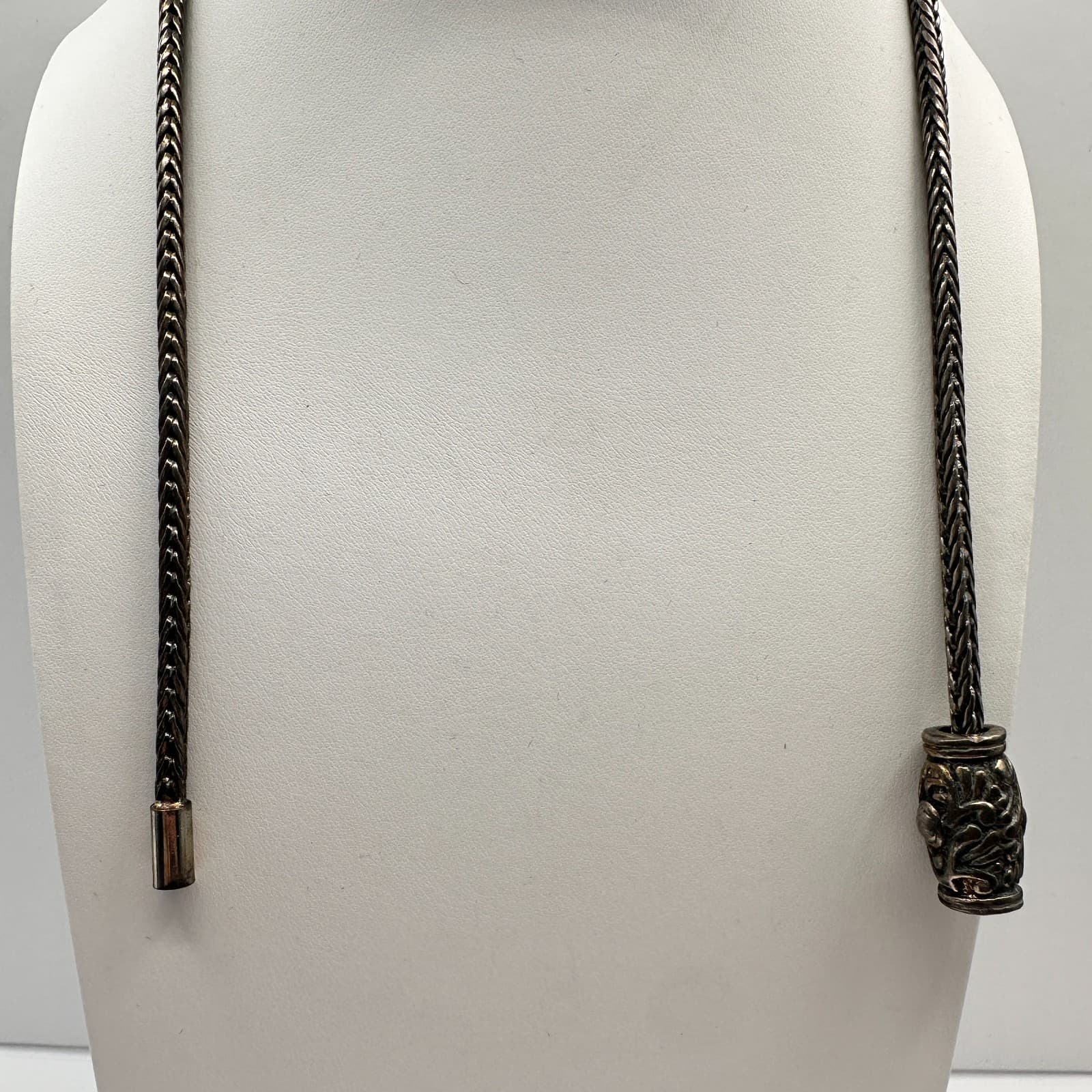 Vintage 90s Silver Tone Braided Wheat Chain Necklace Ornate Barrel Slider - Thumbnail 2