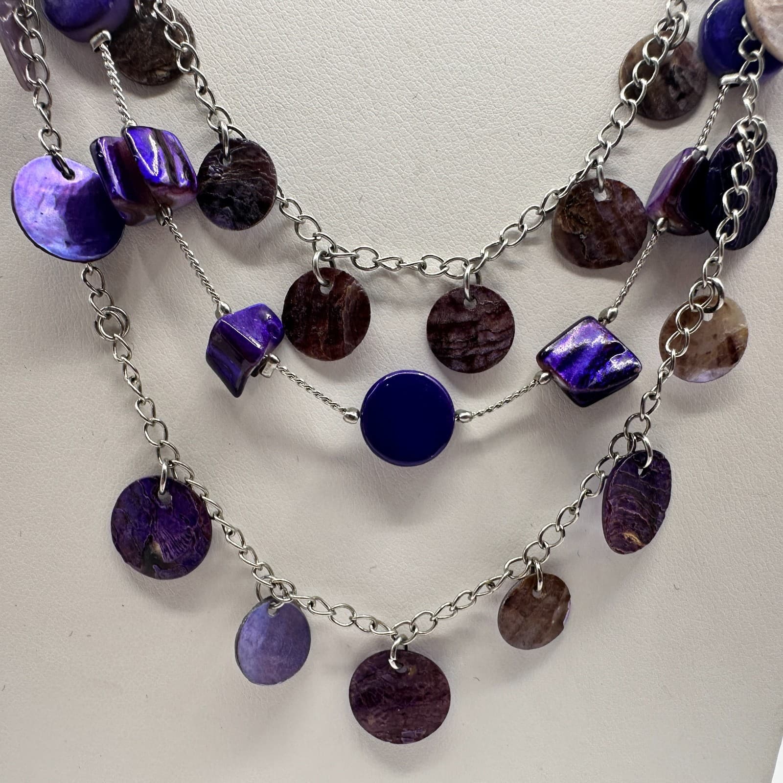 Vintage 90s Purple Shell Layered Statement Necklace Silver Tone Fashion Jewelry - Thumbnail 3