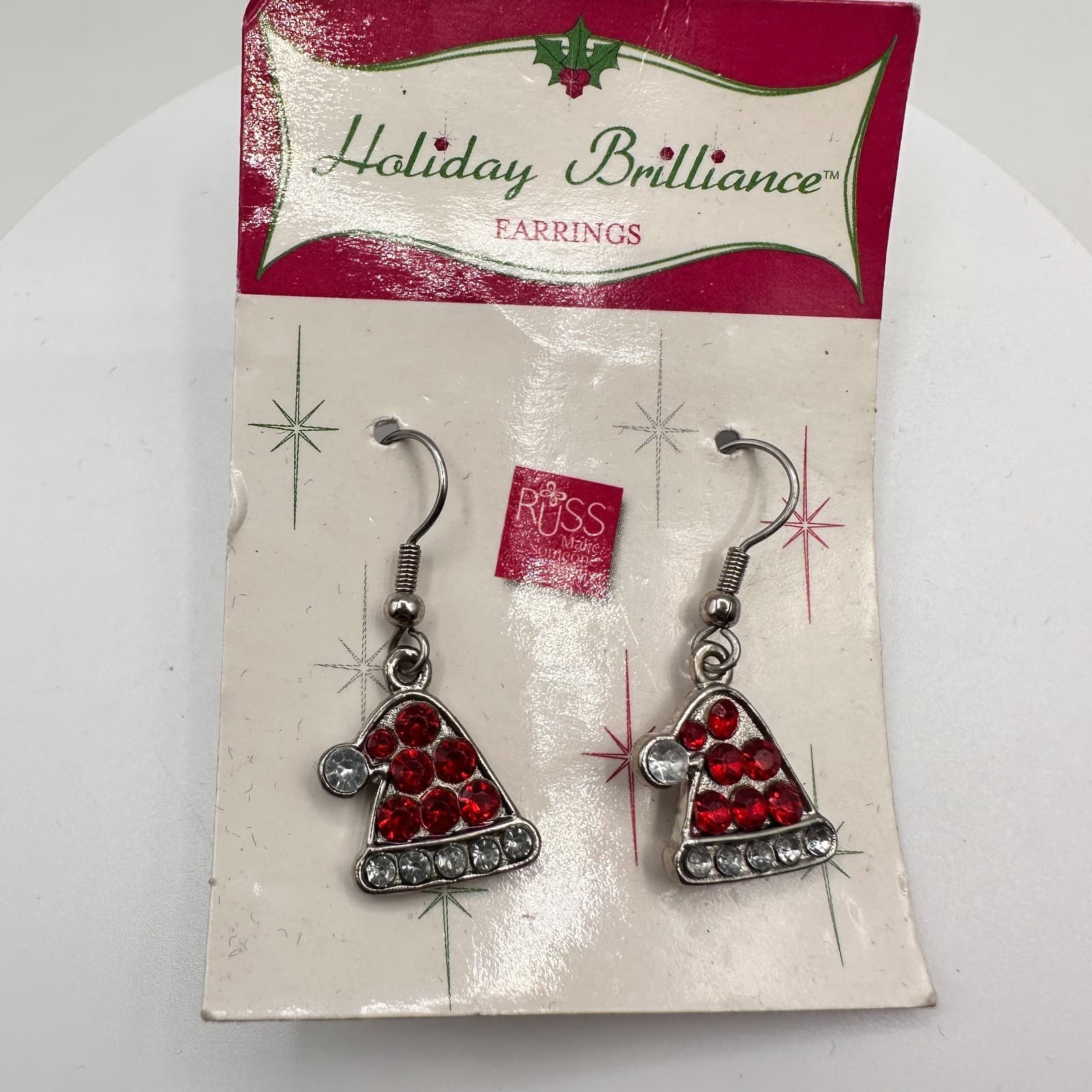 Vintage 90s Russ Holiday Brilliance Red Glass Santa Hat Dangle Earrings Jewelry - Image 1