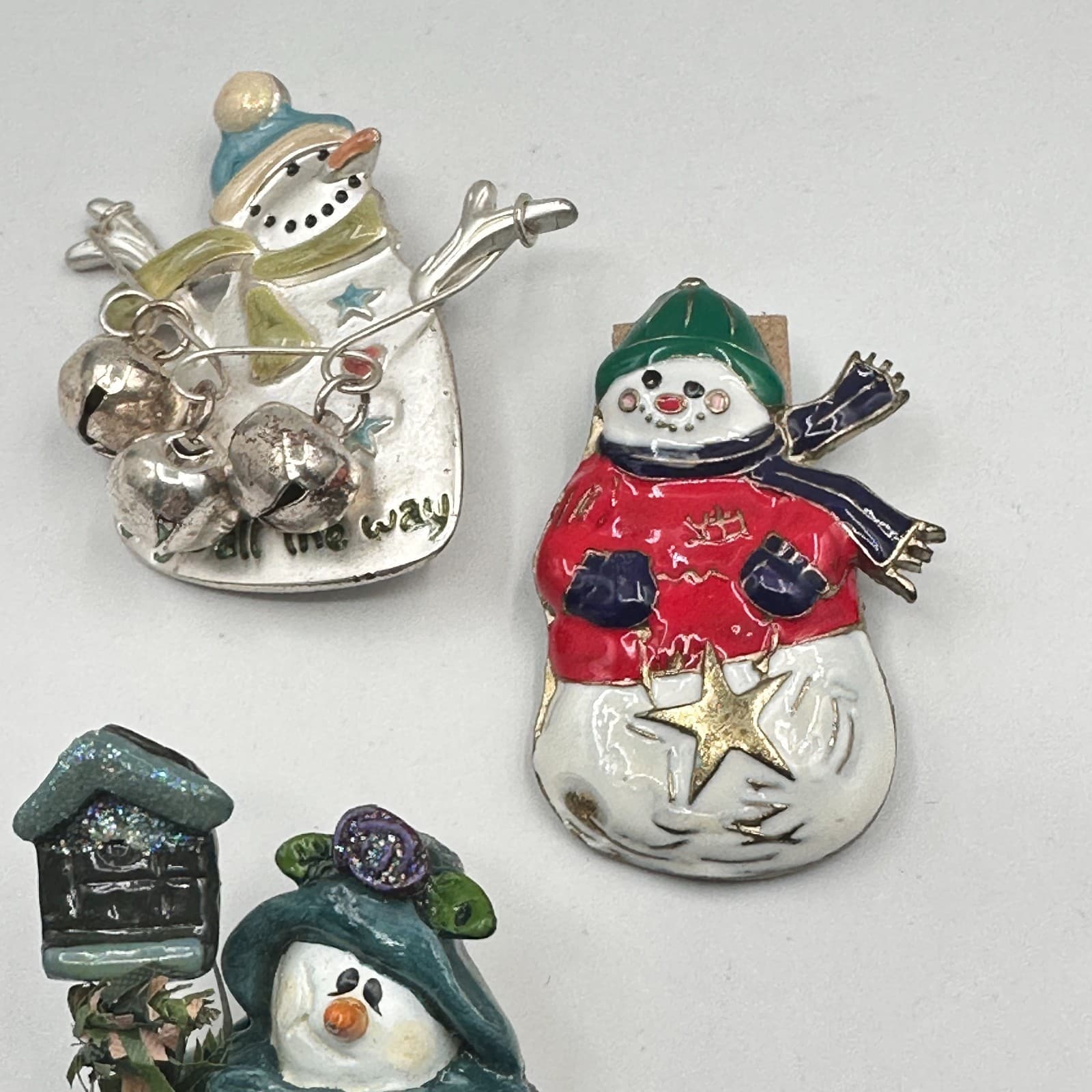 Vintage 90s Snowman Brooch Set Jingle All The Way Bells Christmas Holiday Pins - Thumbnail 3