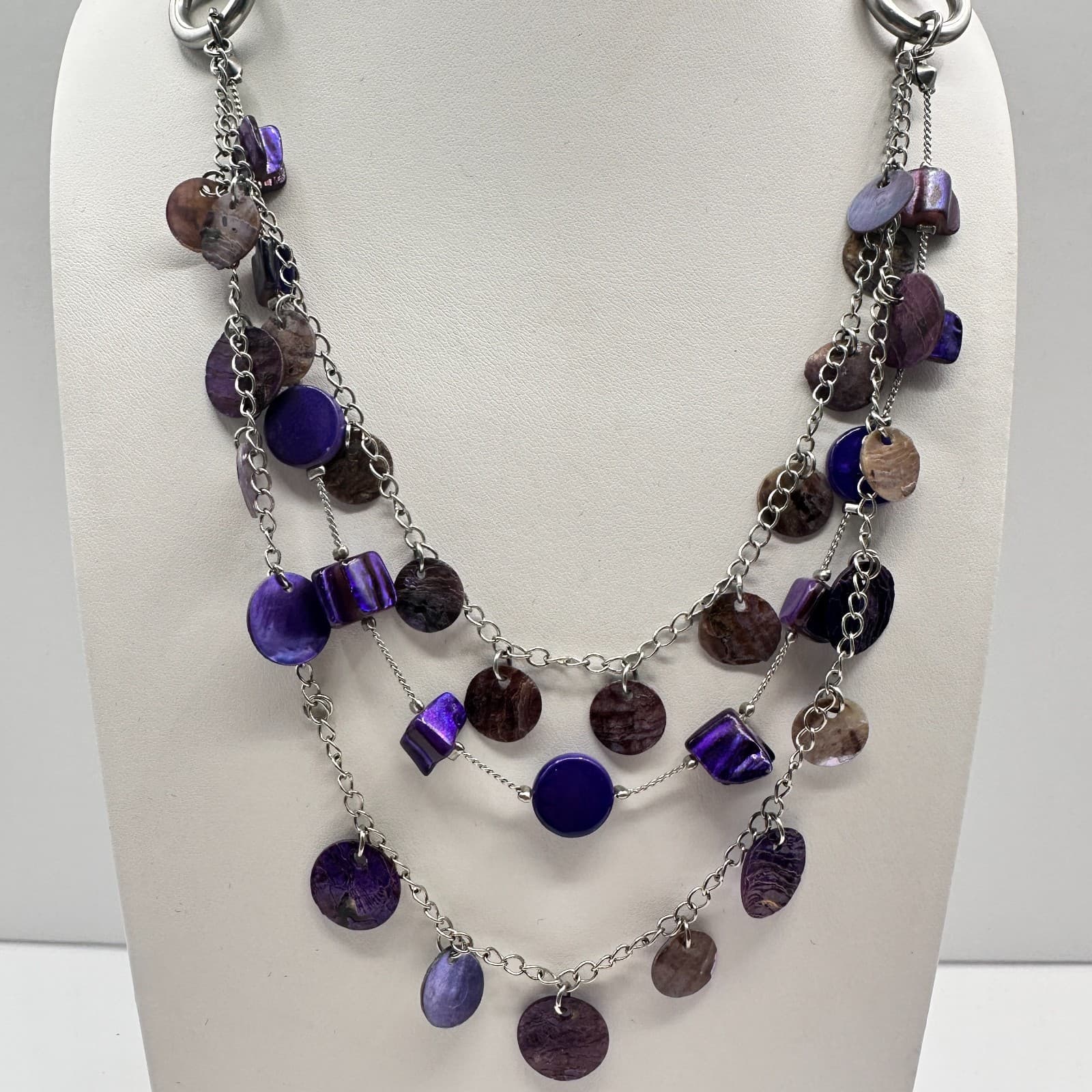 Vintage 90s Purple Shell Layered Statement Necklace Silver Tone Fashion Jewelry - Thumbnail 2