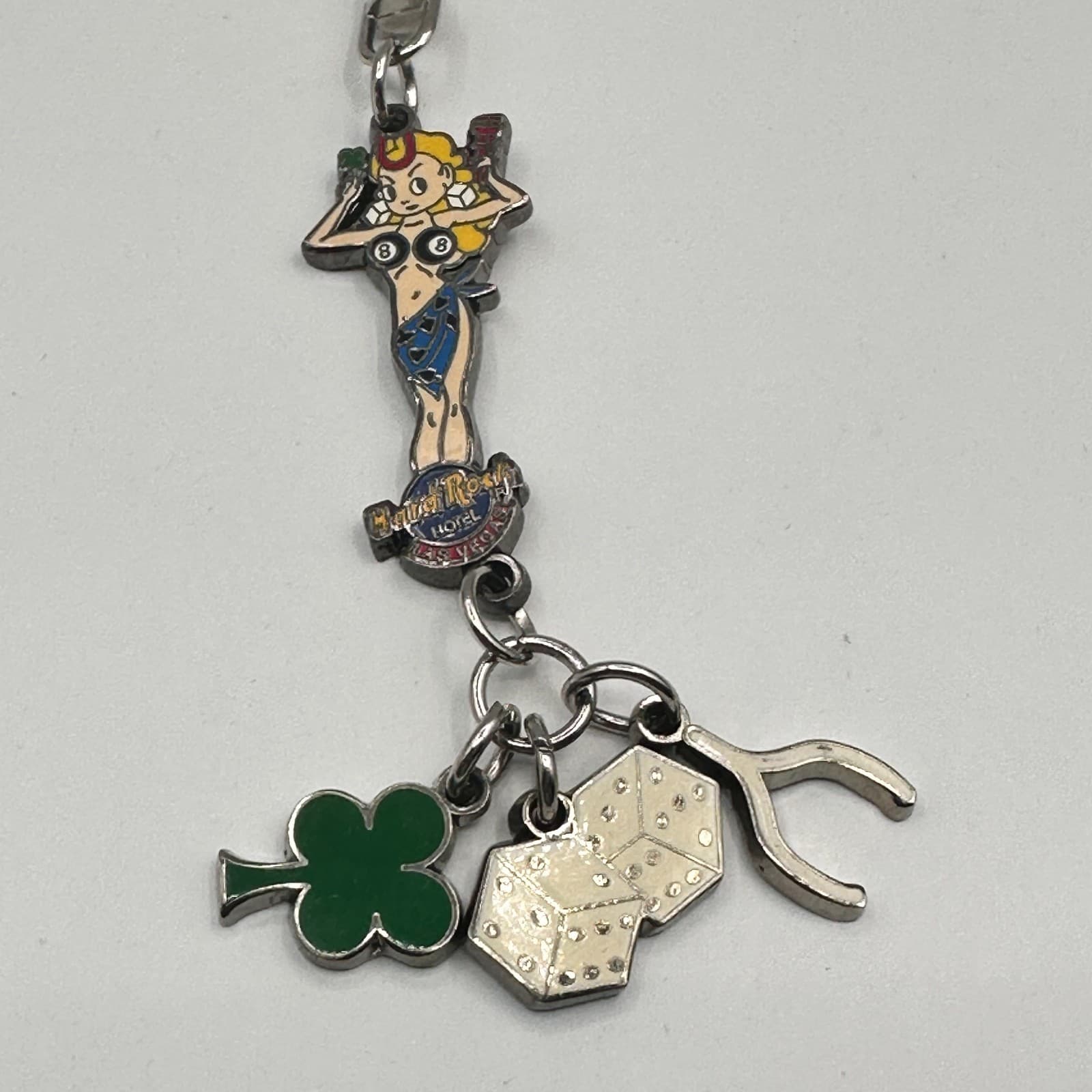 Vintage 90s Hard Rock Hotel LA Las Vegas Keychain Pinup Girl Lucky Dice Clover - Thumbnail 2