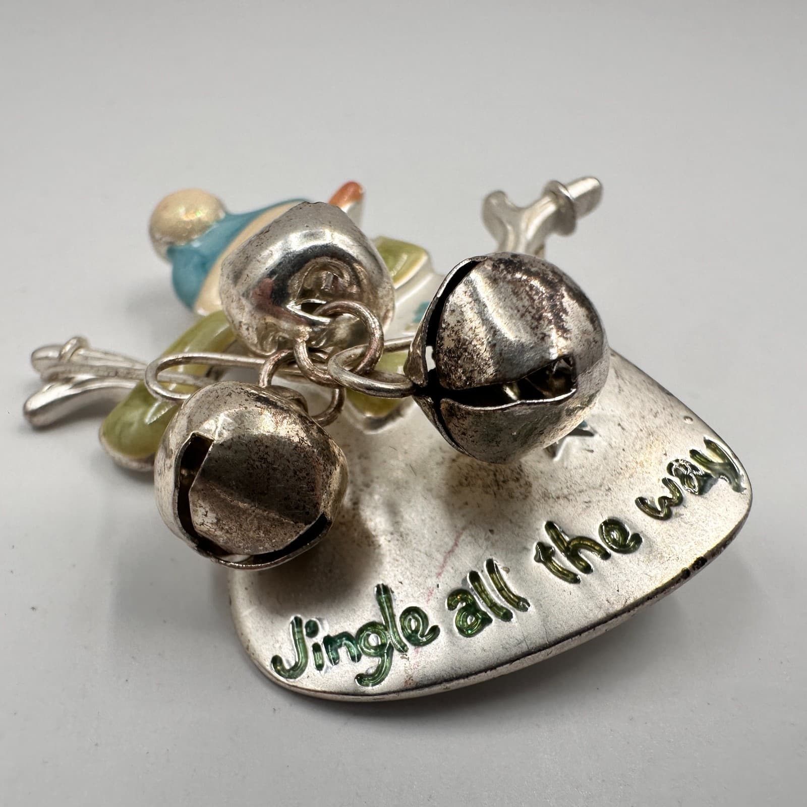 Vintage 90s Snowman Brooch Set Jingle All The Way Bells Christmas Holiday Pins - Thumbnail 9