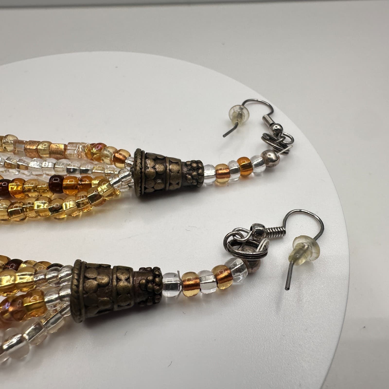 Vintage 90s Multi-Strand Glass Bead Tassel Dangle Earrings Amber Gold Tone Boho - Thumbnail 2