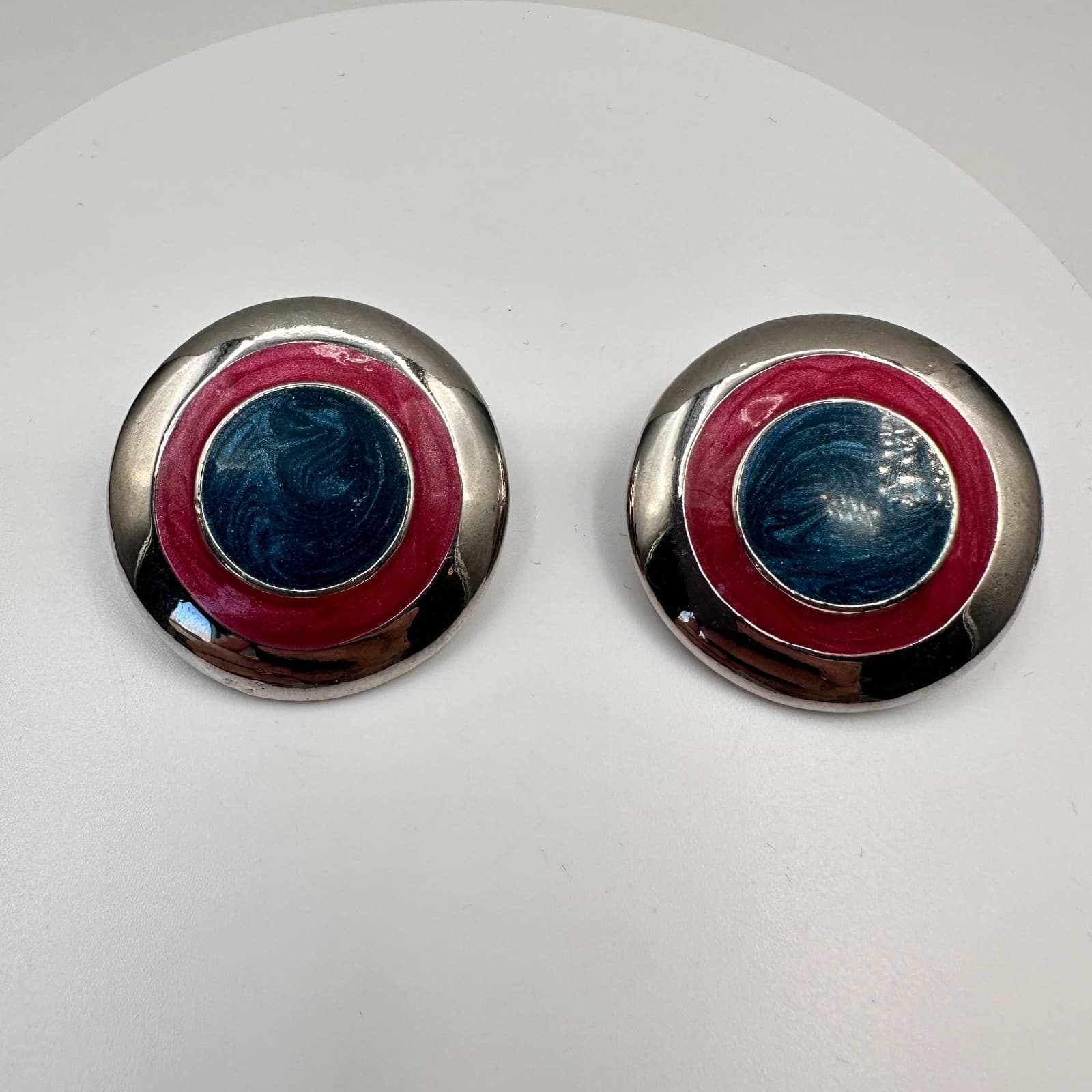 Vintage 80s Pink Blue Enamel Clip On Earrings Silver Tone Large Round Statement - Image 1