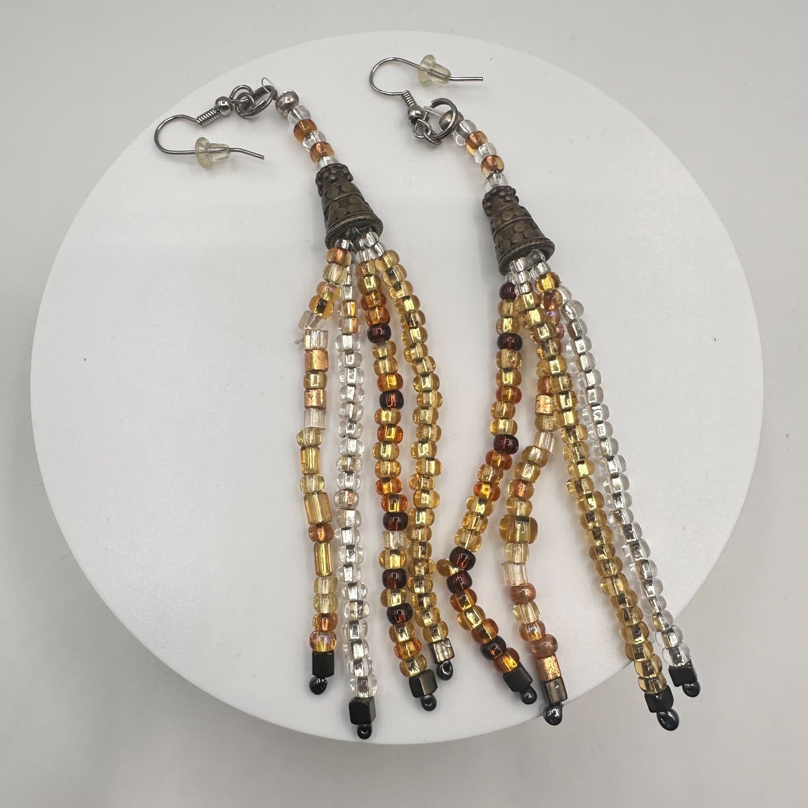 Vintage 90s Multi-Strand Glass Bead Tassel Dangle Earrings Amber Gold Tone Boho - Image 1