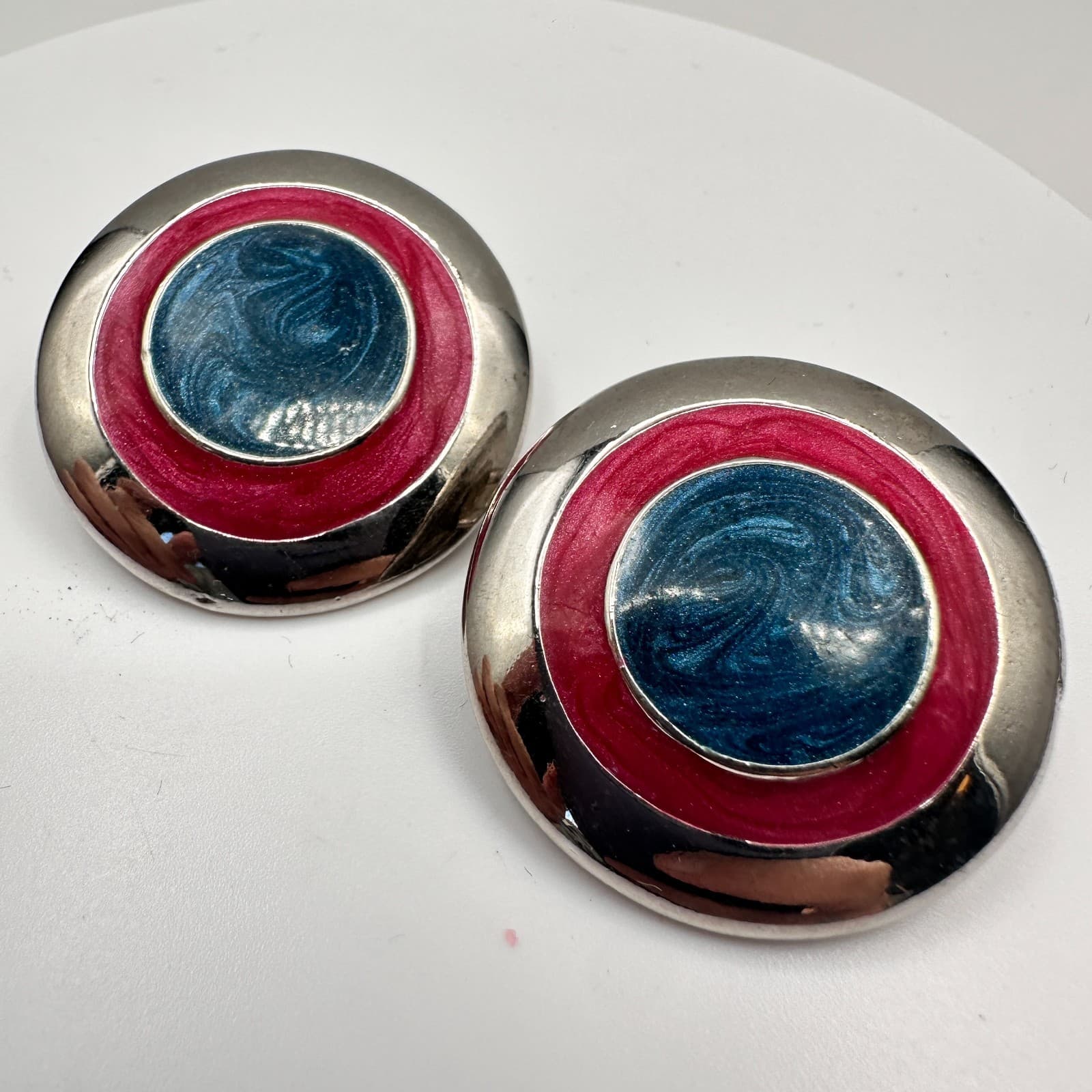 Vintage 80s Pink Blue Enamel Clip On Earrings Silver Tone Large Round Statement - Thumbnail 6