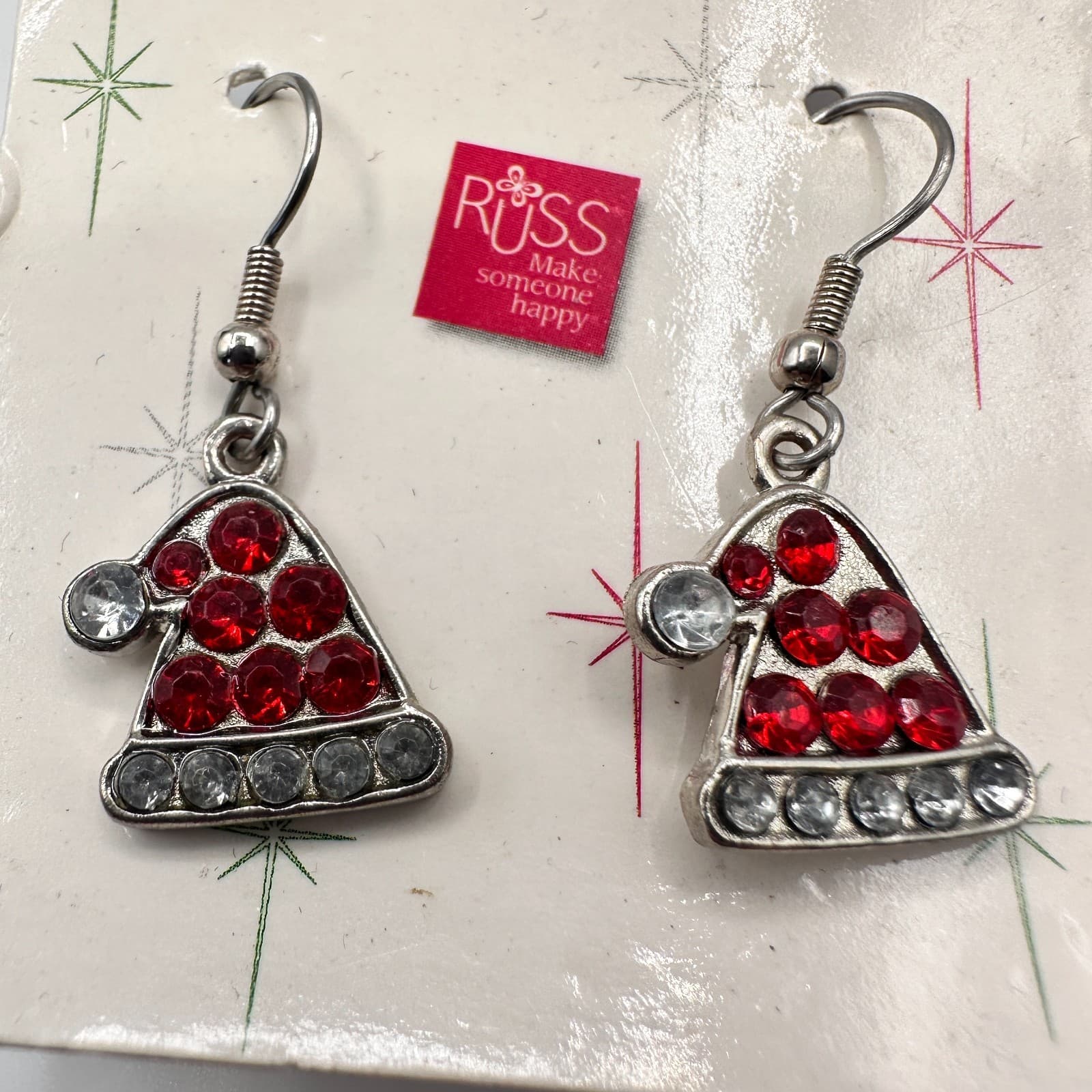 Vintage 90s Russ Holiday Brilliance Red Glass Santa Hat Dangle Earrings Jewelry - Thumbnail 3