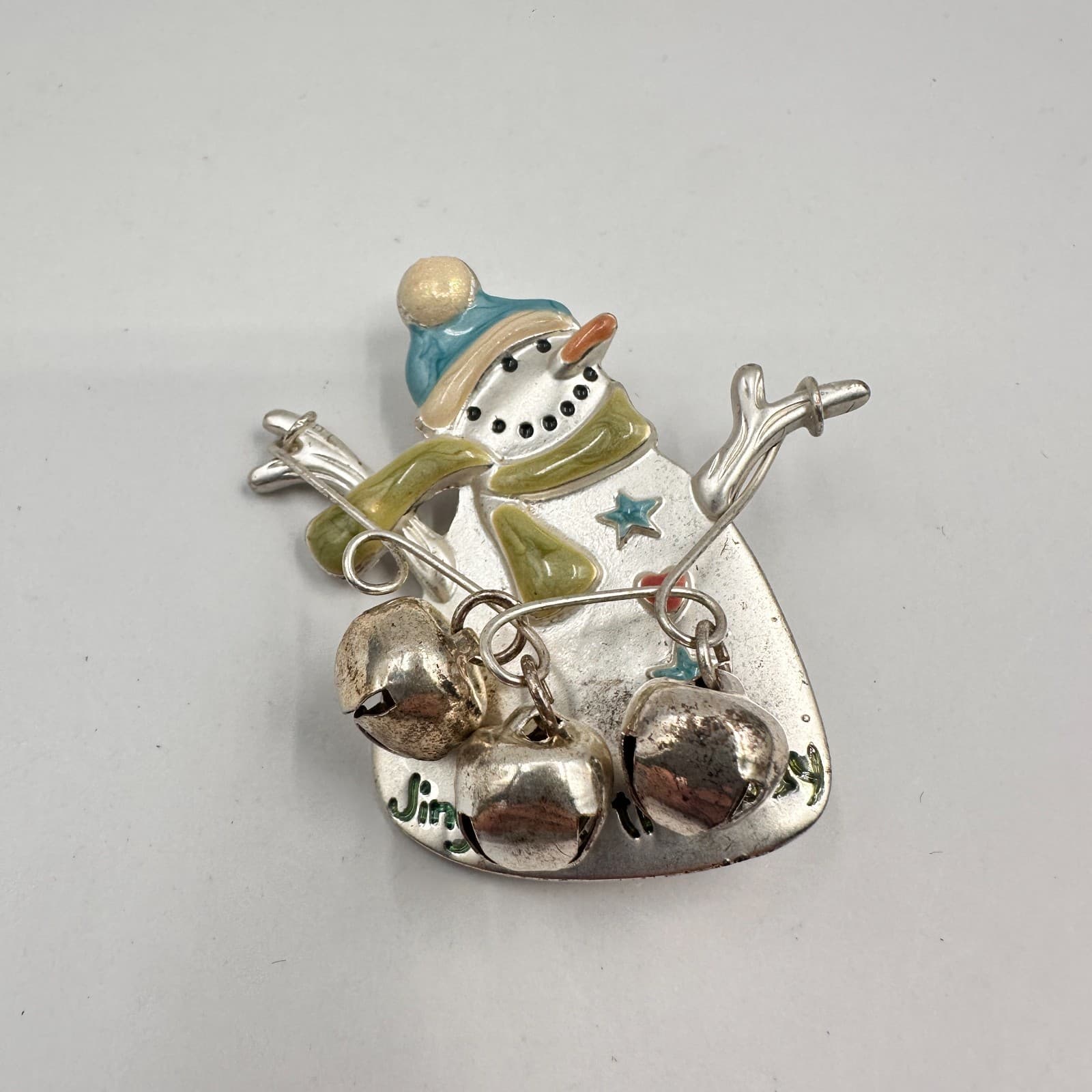 Vintage 90s Snowman Brooch Set Jingle All The Way Bells Christmas Holiday Pins - Thumbnail 8