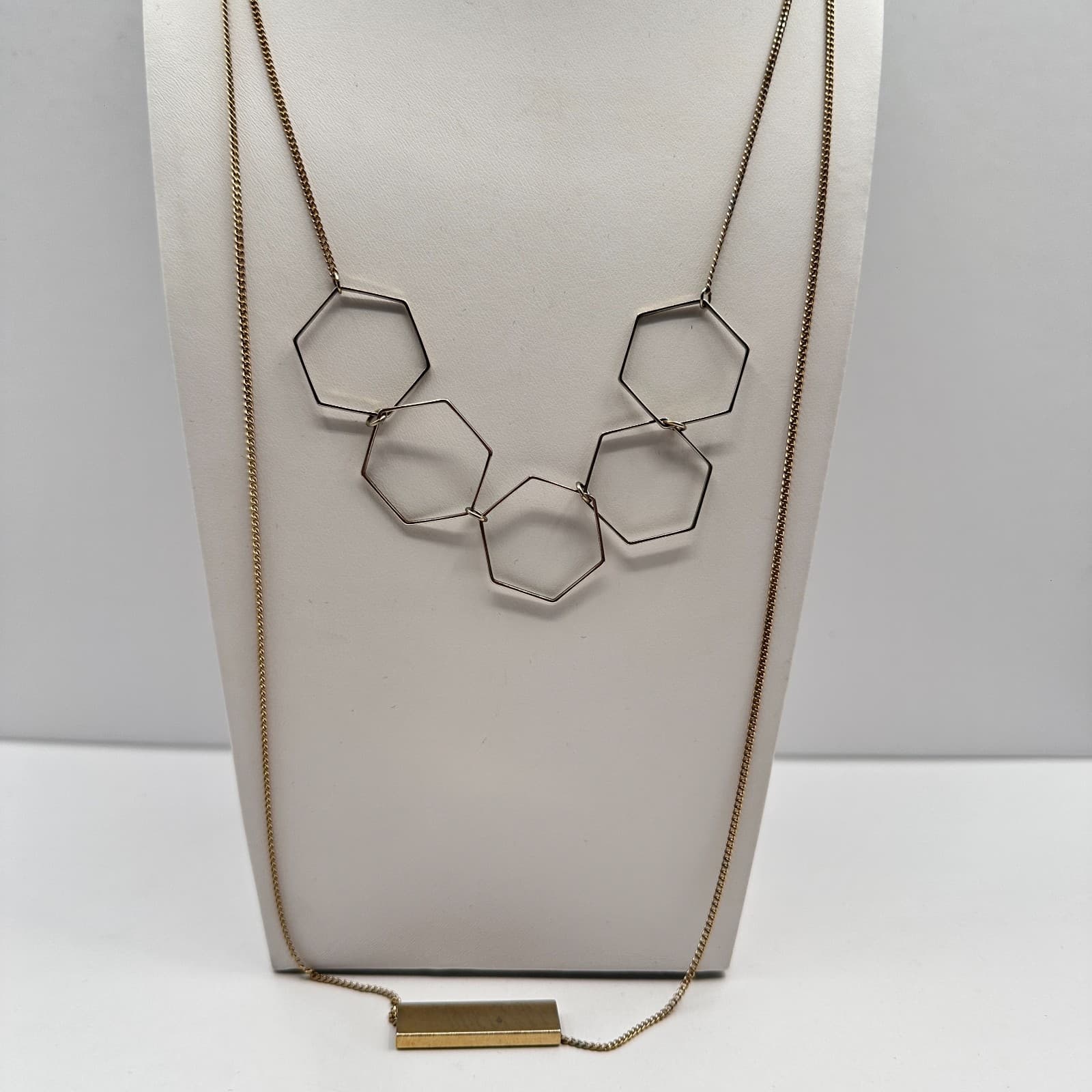 Vintage 90s Gold Tone Layered Hexagon Bar Statement Necklace Geometric Style - Image 1