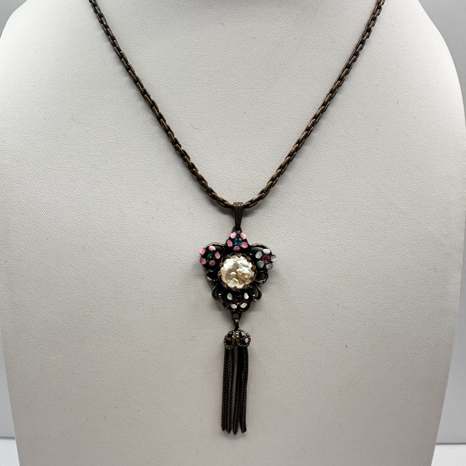Vintage 80s Enamel Floral Tassel Necklace Faux Pearl Glass Bronze Tone Jewelry - Thumbnail 7