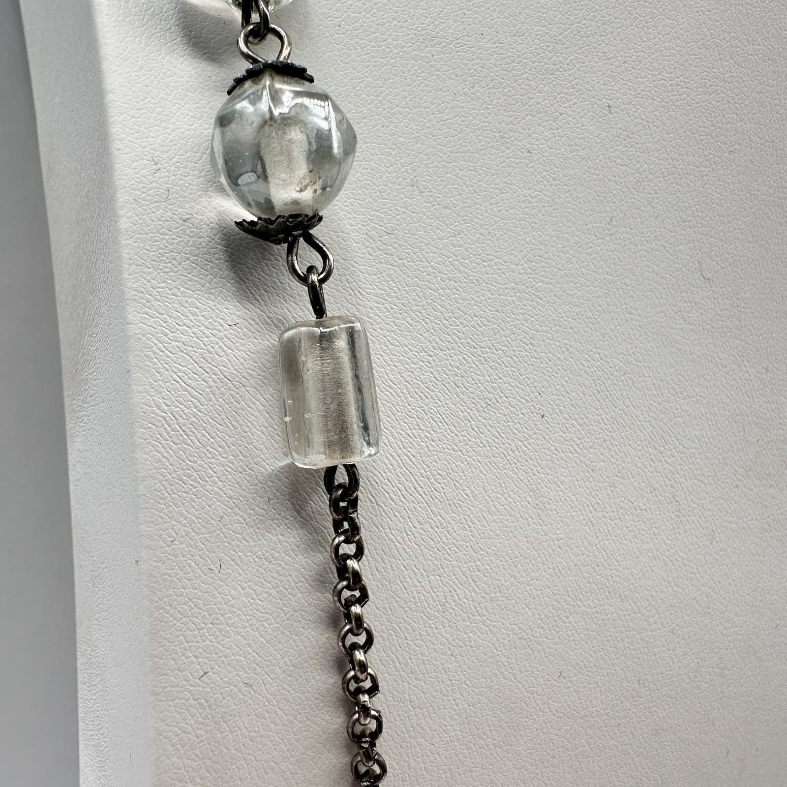 Vintage 90s Clear Glass Bead Necklace Silver Tone Chain Boho Women's Jewelry - Thumbnail 5