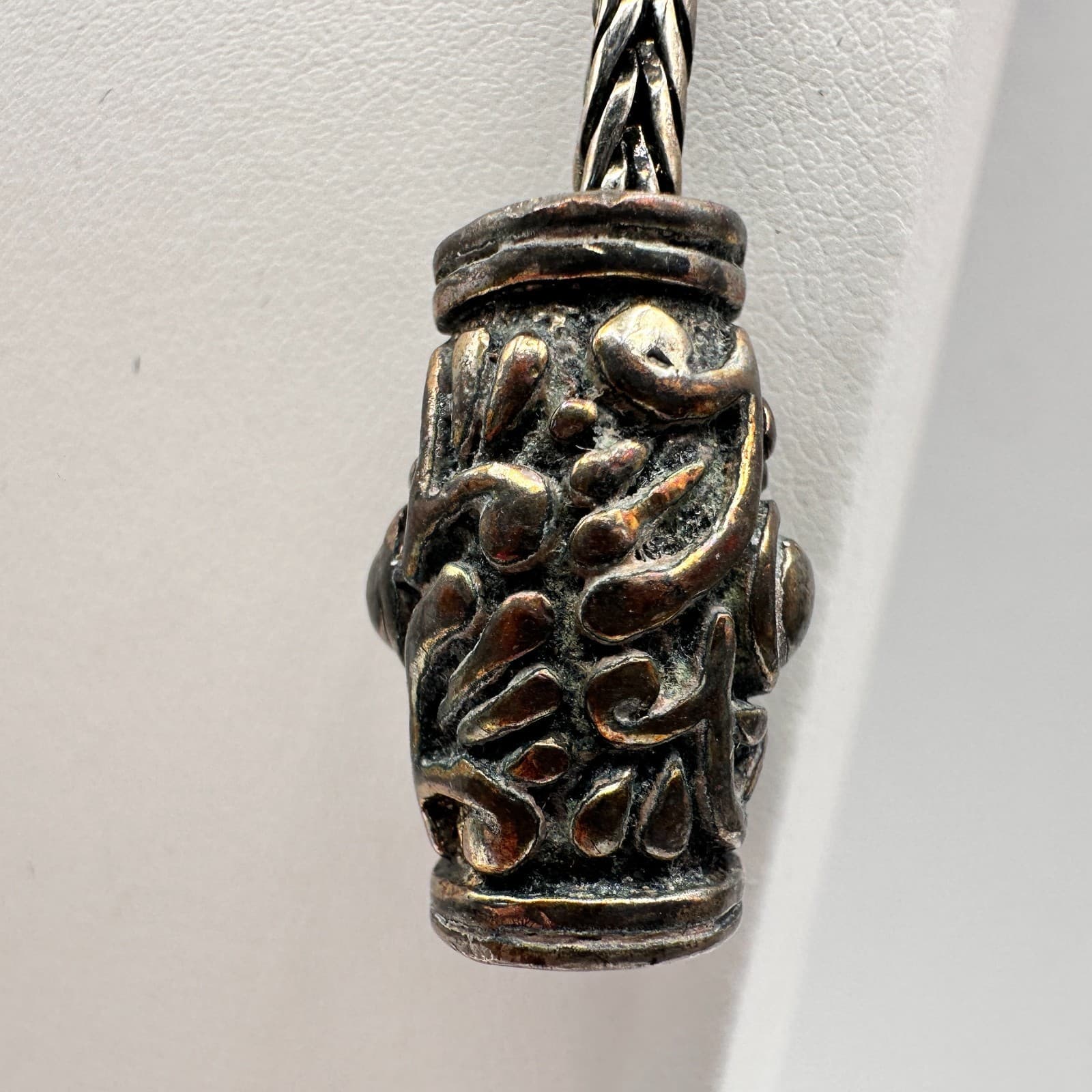 Vintage 90s Silver Tone Braided Wheat Chain Necklace Ornate Barrel Slider - Thumbnail 3