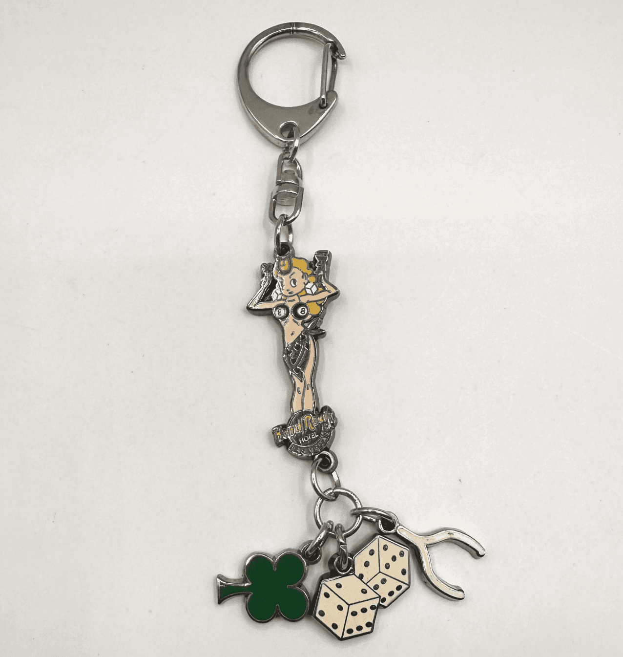 Vintage 90s Hard Rock Hotel LA Las Vegas Keychain Pinup Girl Lucky Dice Clover - Image 1