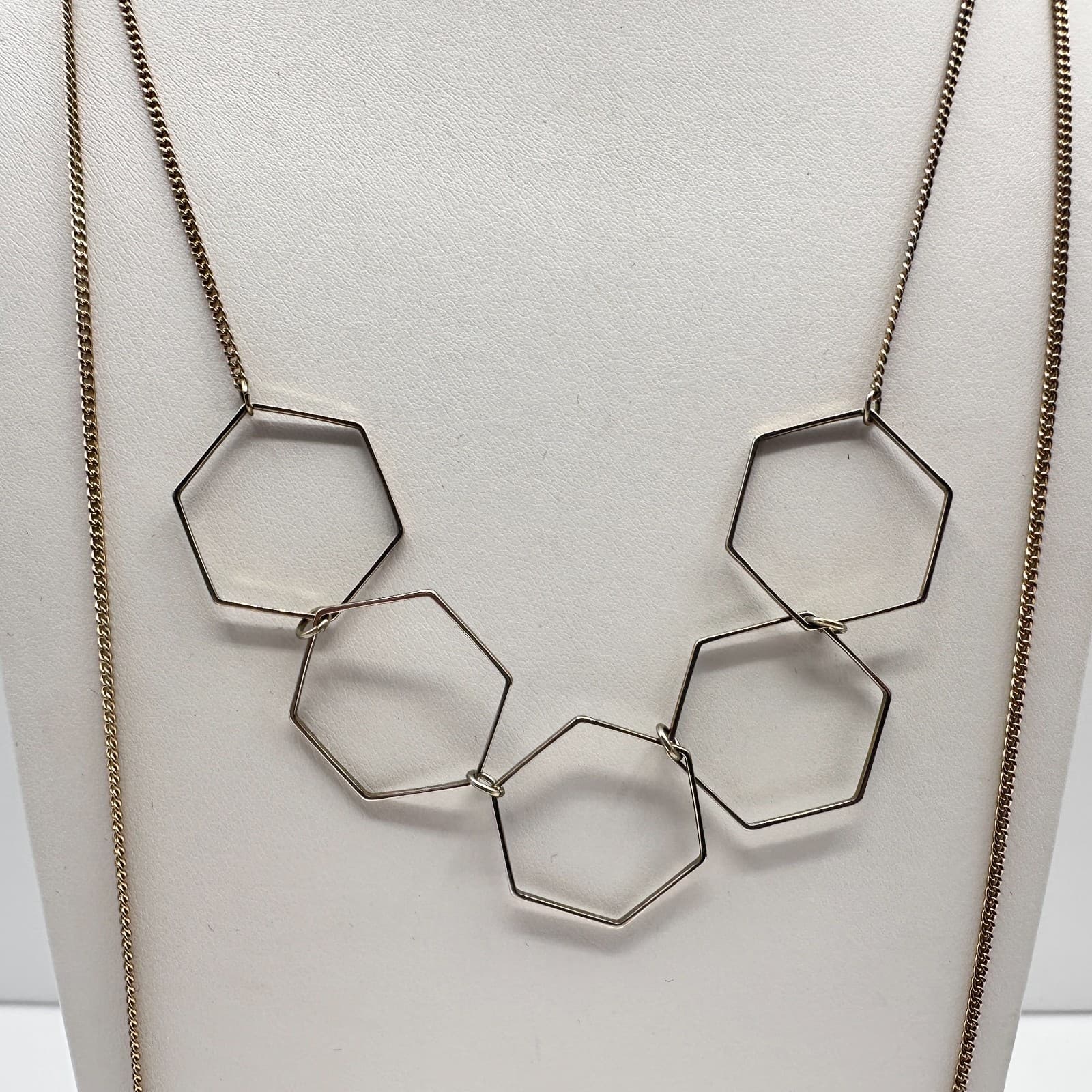 Vintage 90s Gold Tone Layered Hexagon Bar Statement Necklace Geometric Style - Thumbnail 2