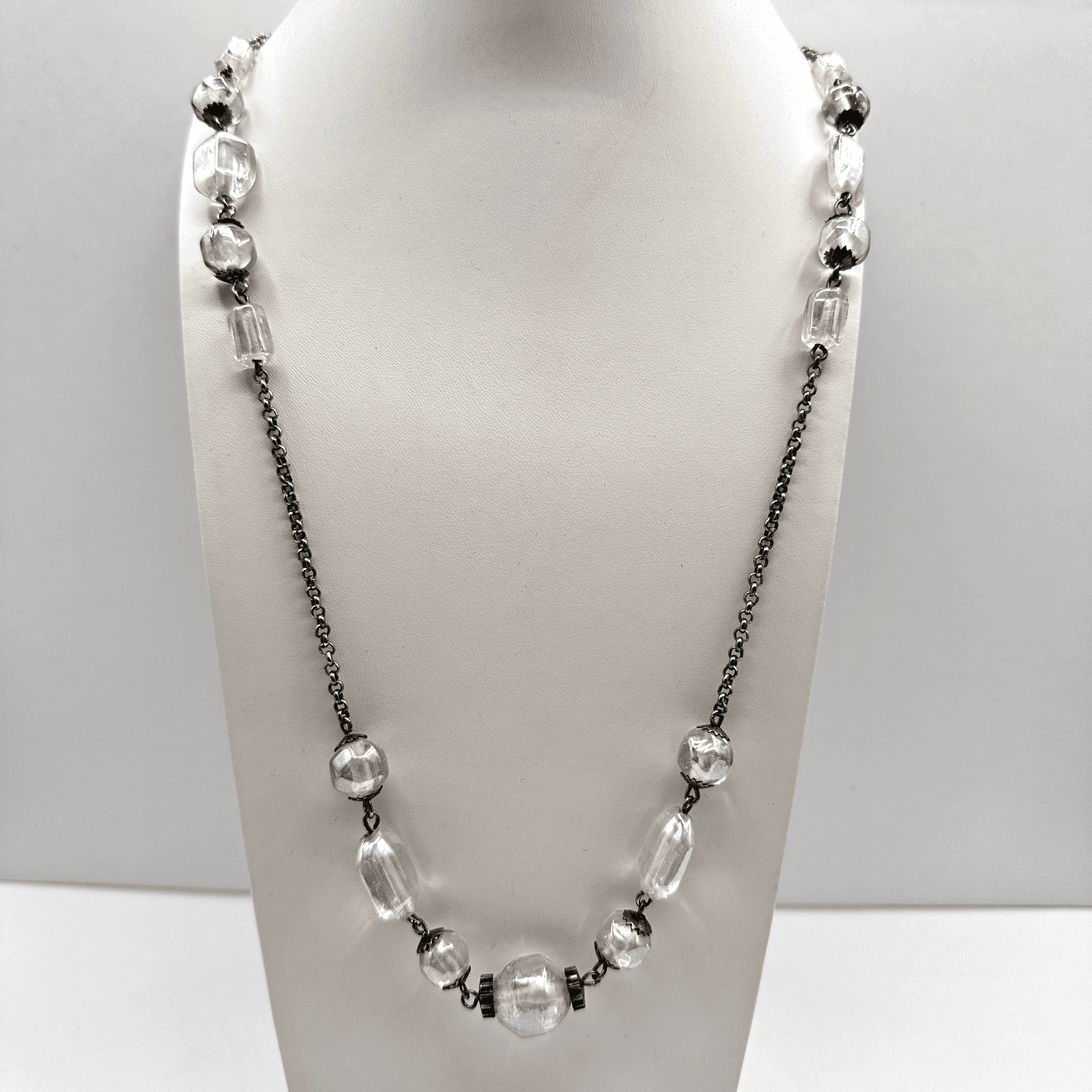 Vintage 90s Clear Glass Bead Necklace Silver Tone Chain Boho Women's Jewelry - Thumbnail 2