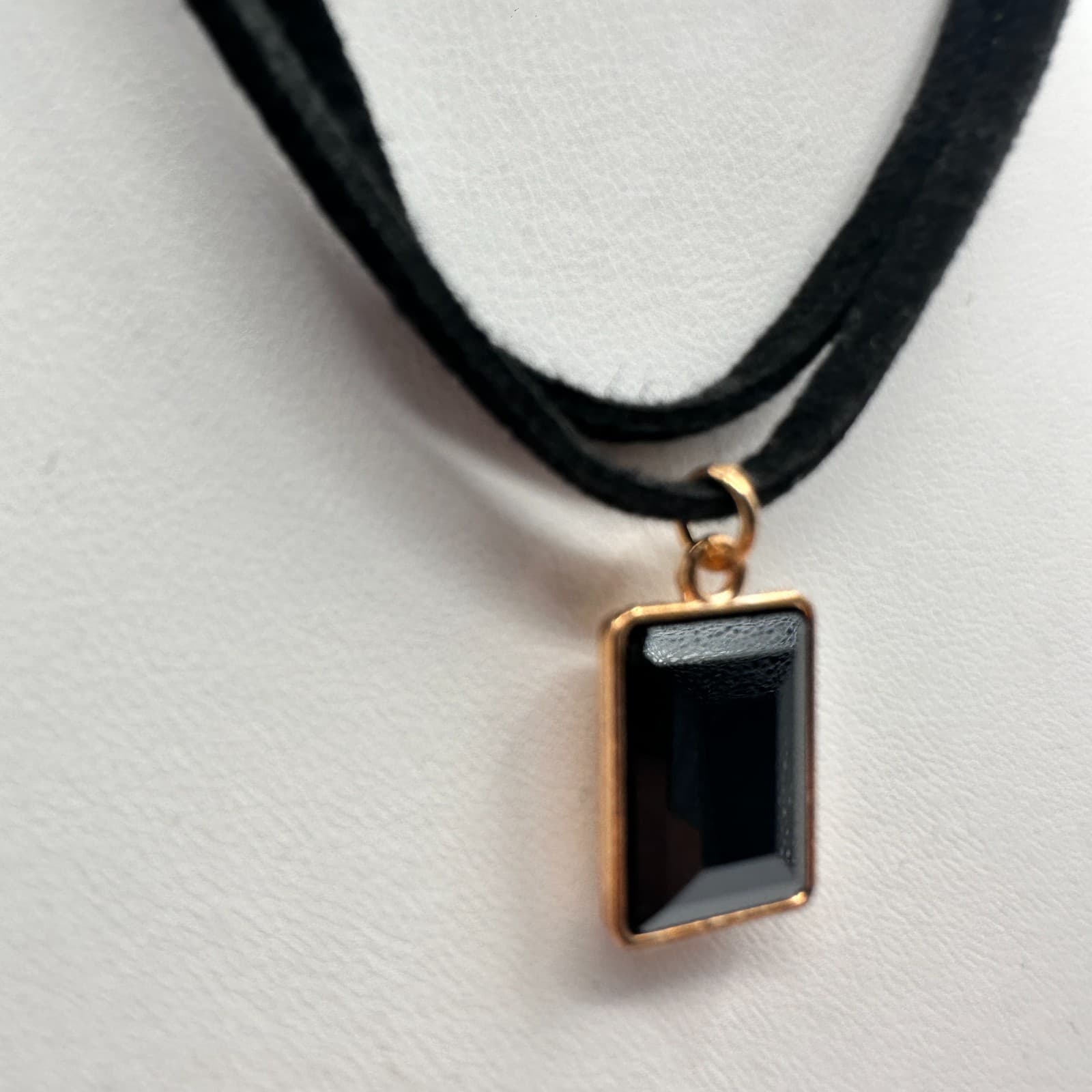 Vintage 90s Black Emerald Cut Onyx Glass Pendant Double Suede Cord Necklace - Thumbnail 2