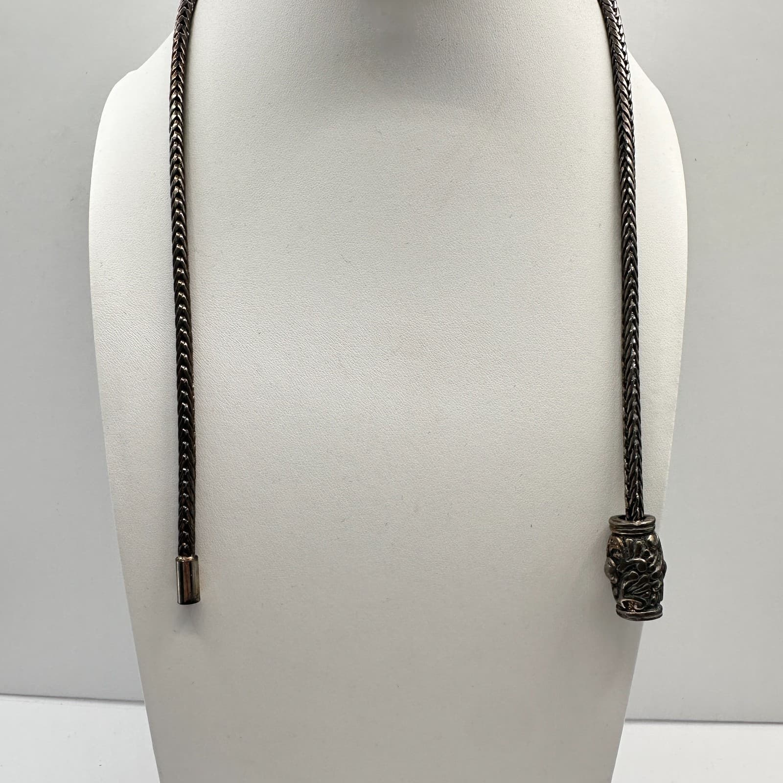 Vintage 90s Silver Tone Braided Wheat Chain Necklace Ornate Barrel Slider - Thumbnail 6