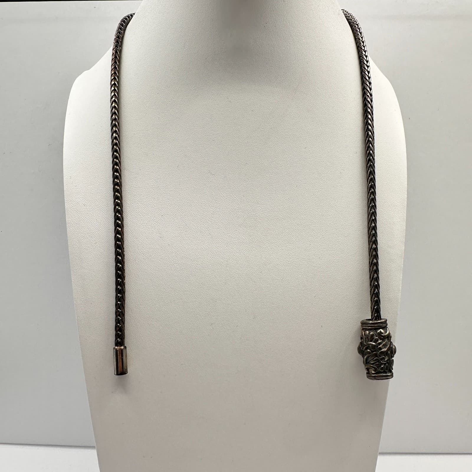 Vintage 90s Silver Tone Braided Wheat Chain Necklace Ornate Barrel Slider - Image 1