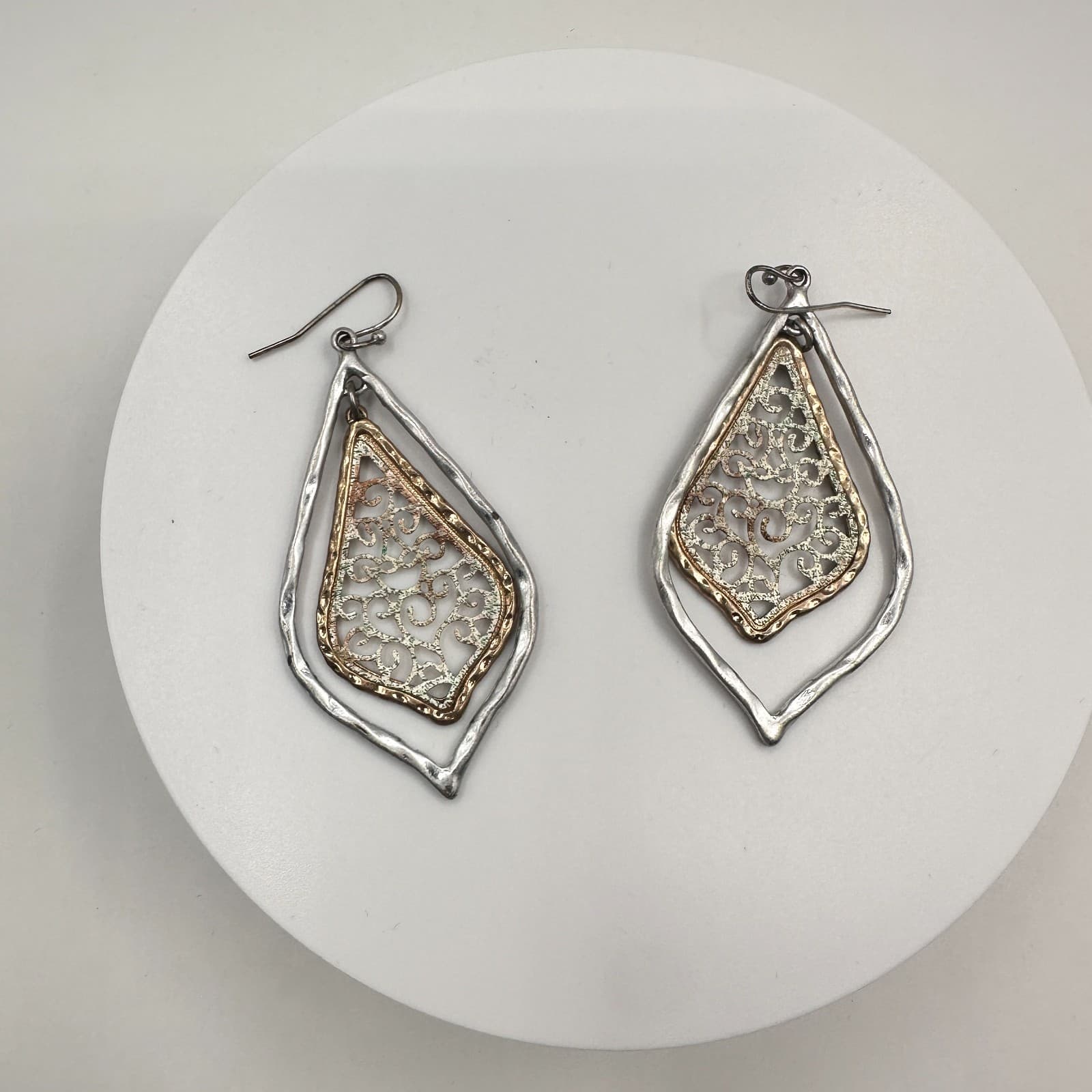 Vintage 90s Metal Filigree Teardrop Dangle Earrings Silver & Gold Tone Boho - Image 1