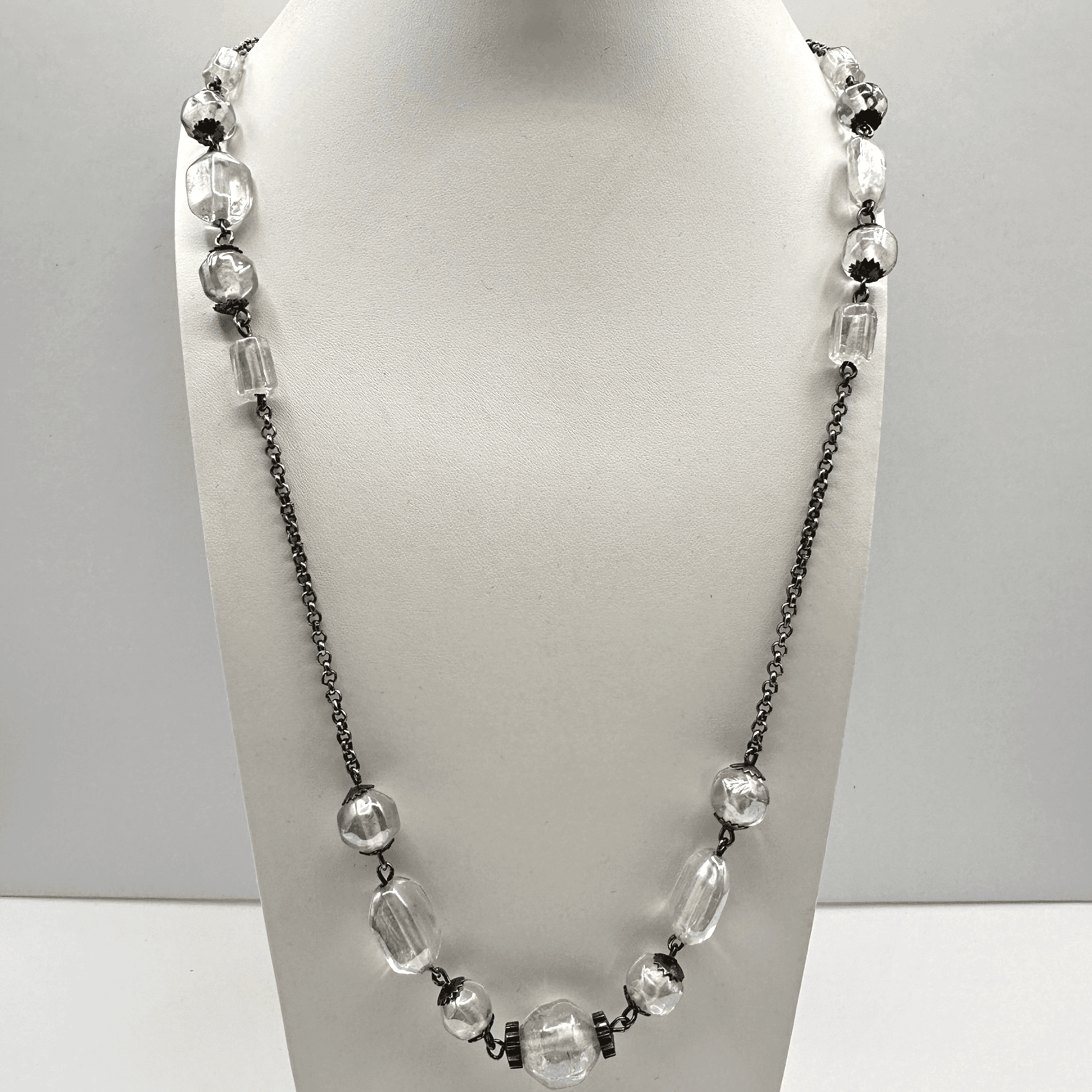 Vintage 90s Clear Glass Bead Necklace Silver Tone Chain Boho Women's Jewelry - Image 1