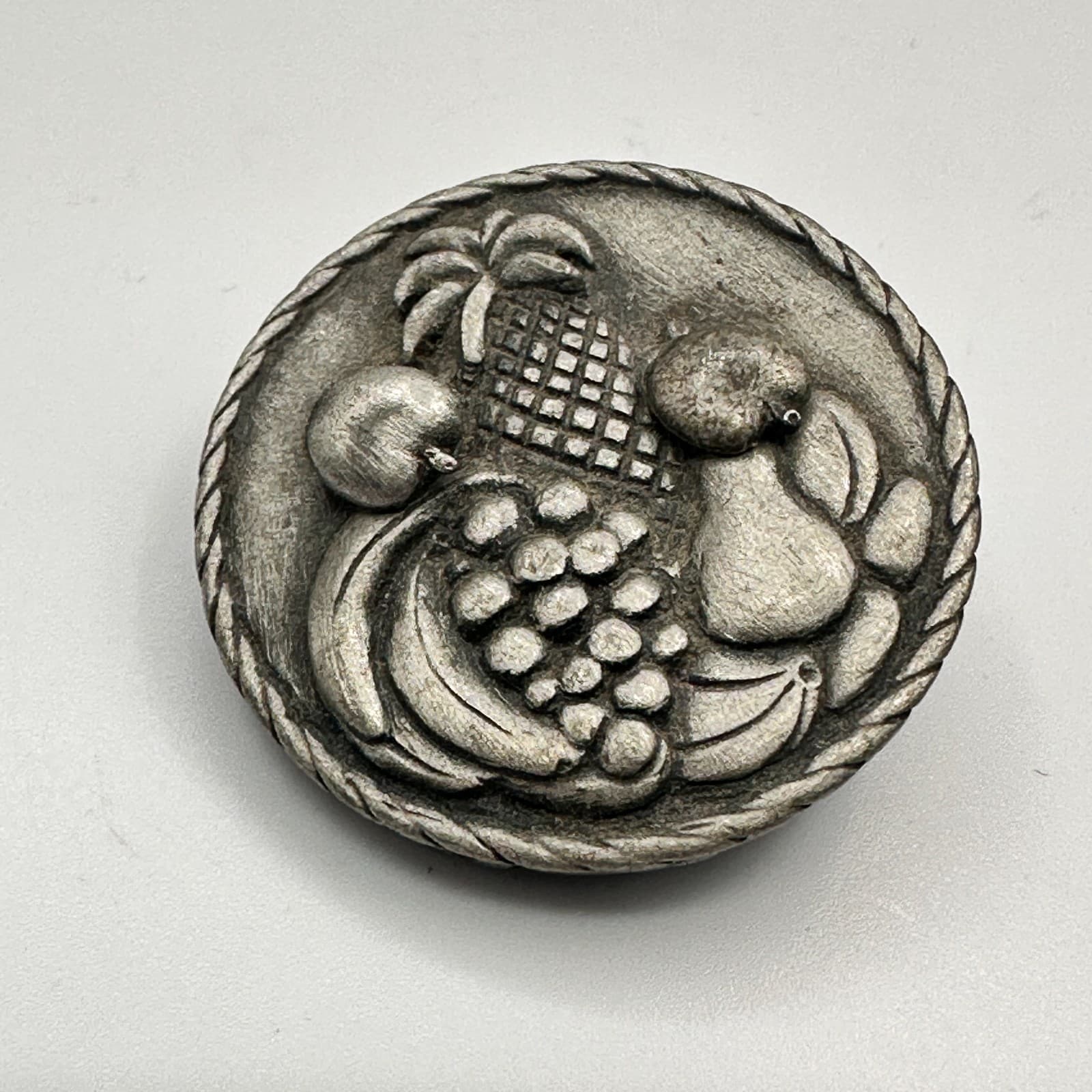 Vintage 80s JJ Pewter Fruit Basket Brooch & Stud Earrings Set Silver Tone - Image 1