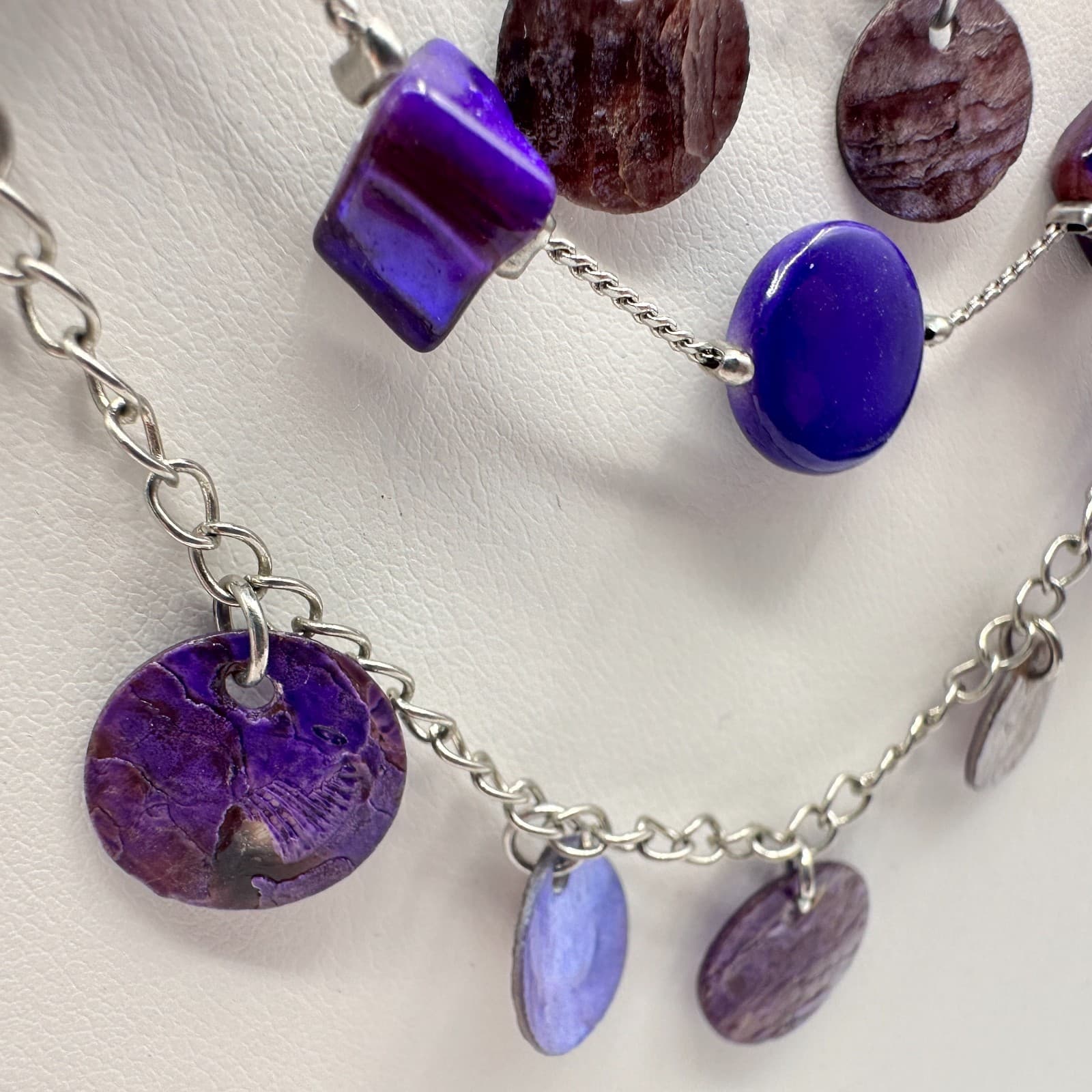 Vintage 90s Purple Shell Layered Statement Necklace Silver Tone Fashion Jewelry - Thumbnail 6