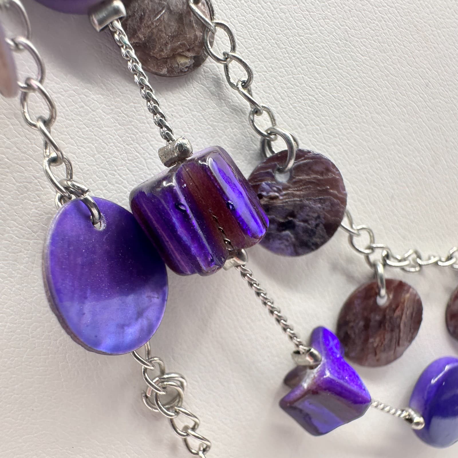 Vintage 90s Purple Shell Layered Statement Necklace Silver Tone Fashion Jewelry - Thumbnail 4