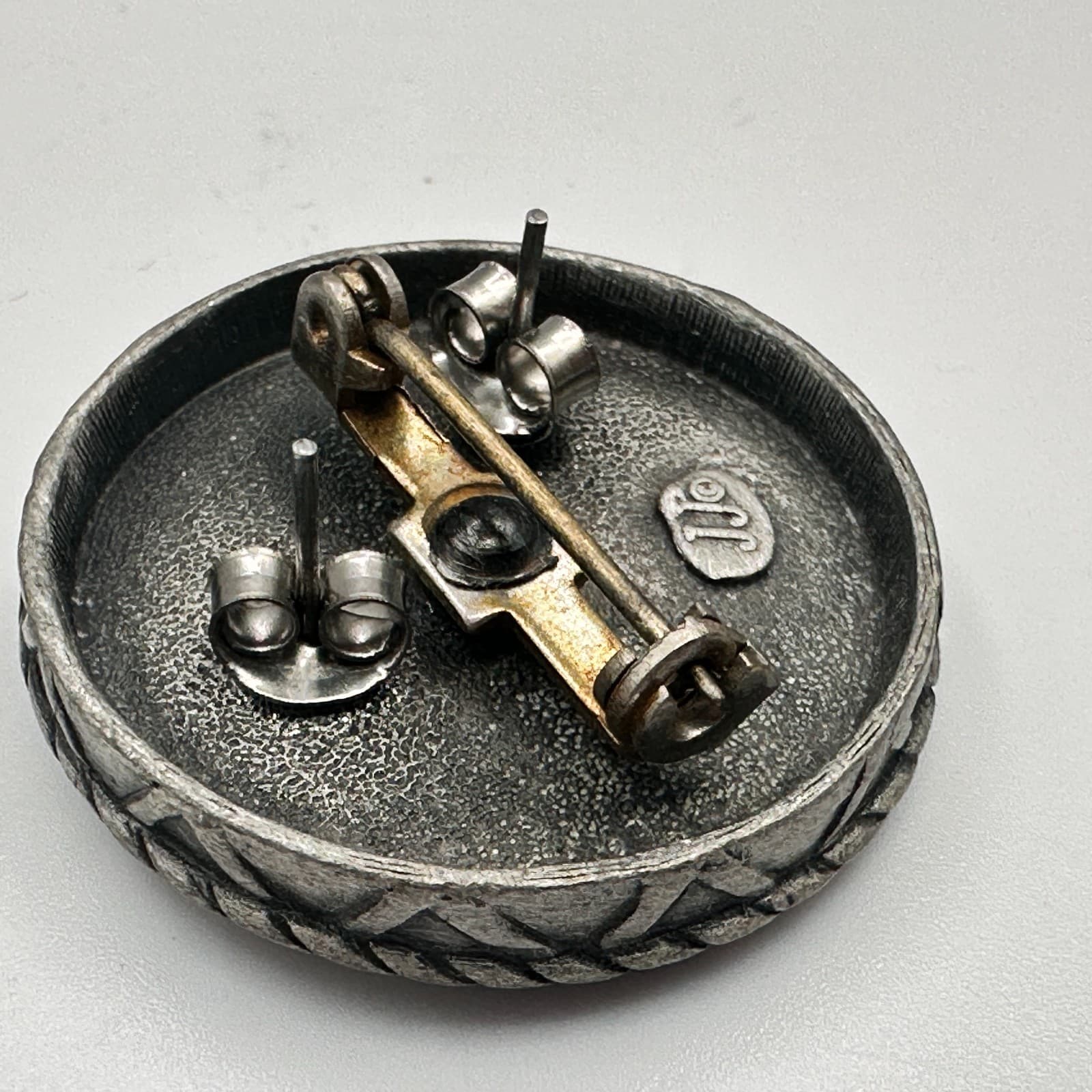 Vintage 80s JJ Pewter Fruit Basket Brooch & Stud Earrings Set Silver Tone - Thumbnail 4