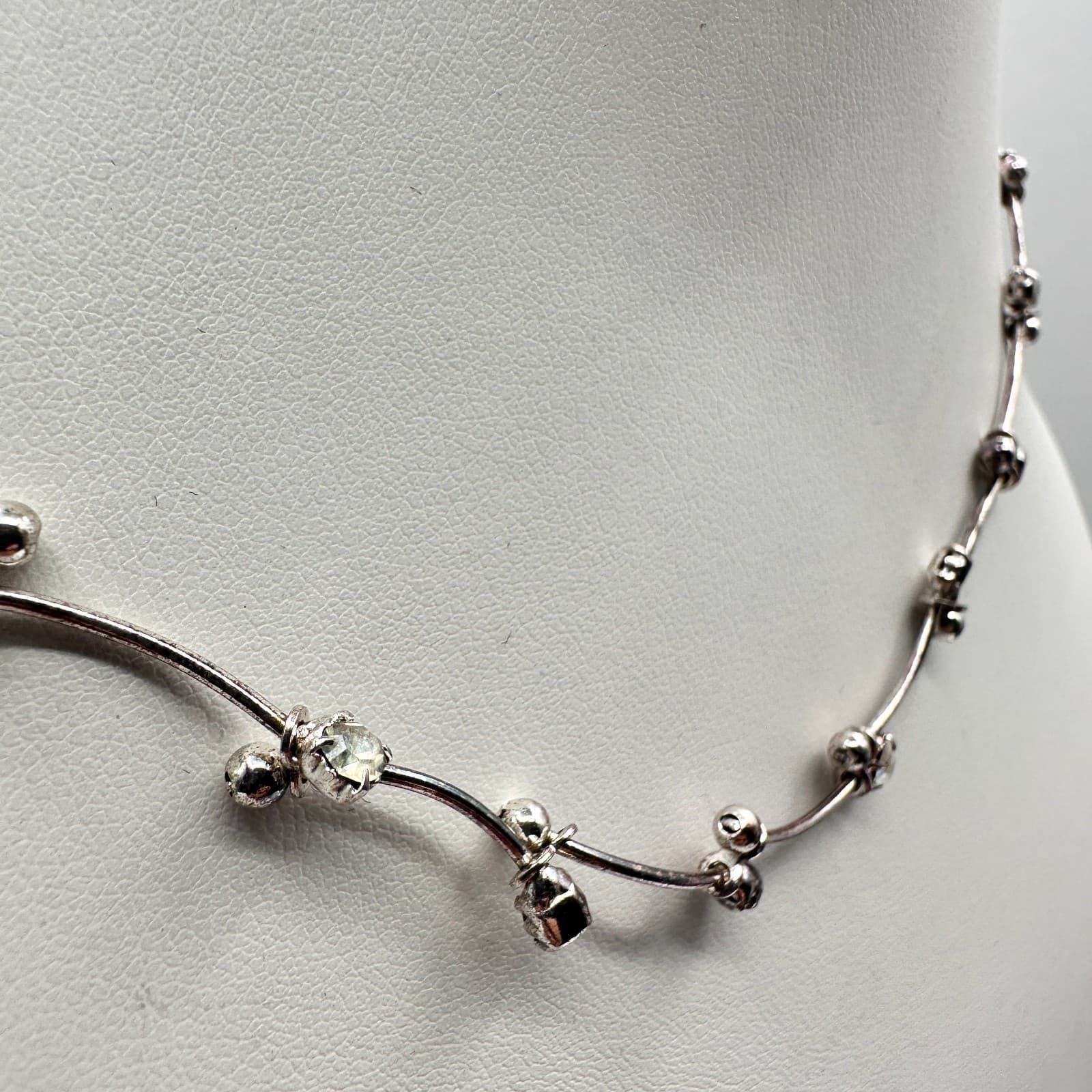 Vintage 90s Silver Tone Glass Choker Necklace & Dangle Earrings Jewelry Set - Thumbnail 13