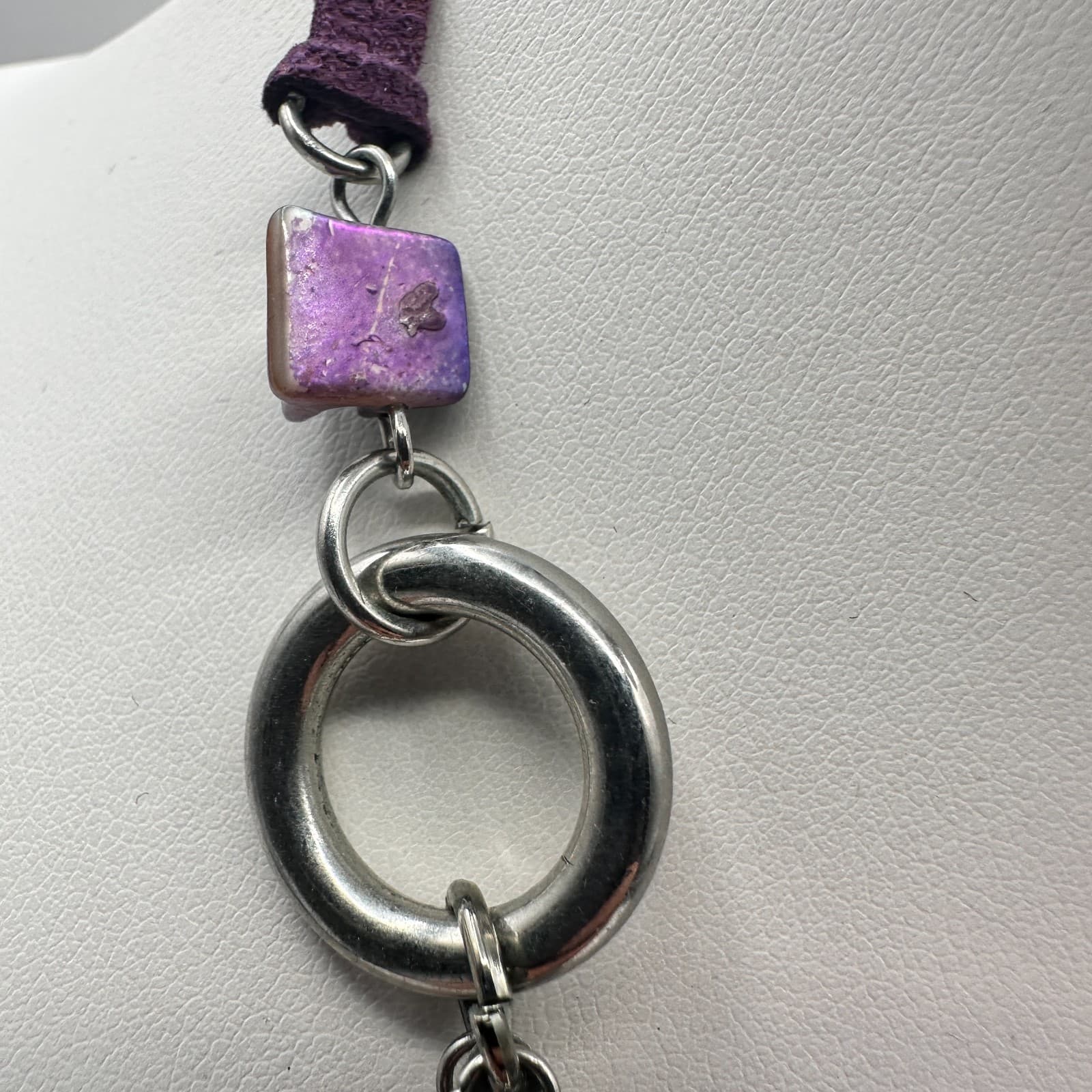 Vintage 90s Purple Shell Layered Statement Necklace Silver Tone Fashion Jewelry - Thumbnail 8