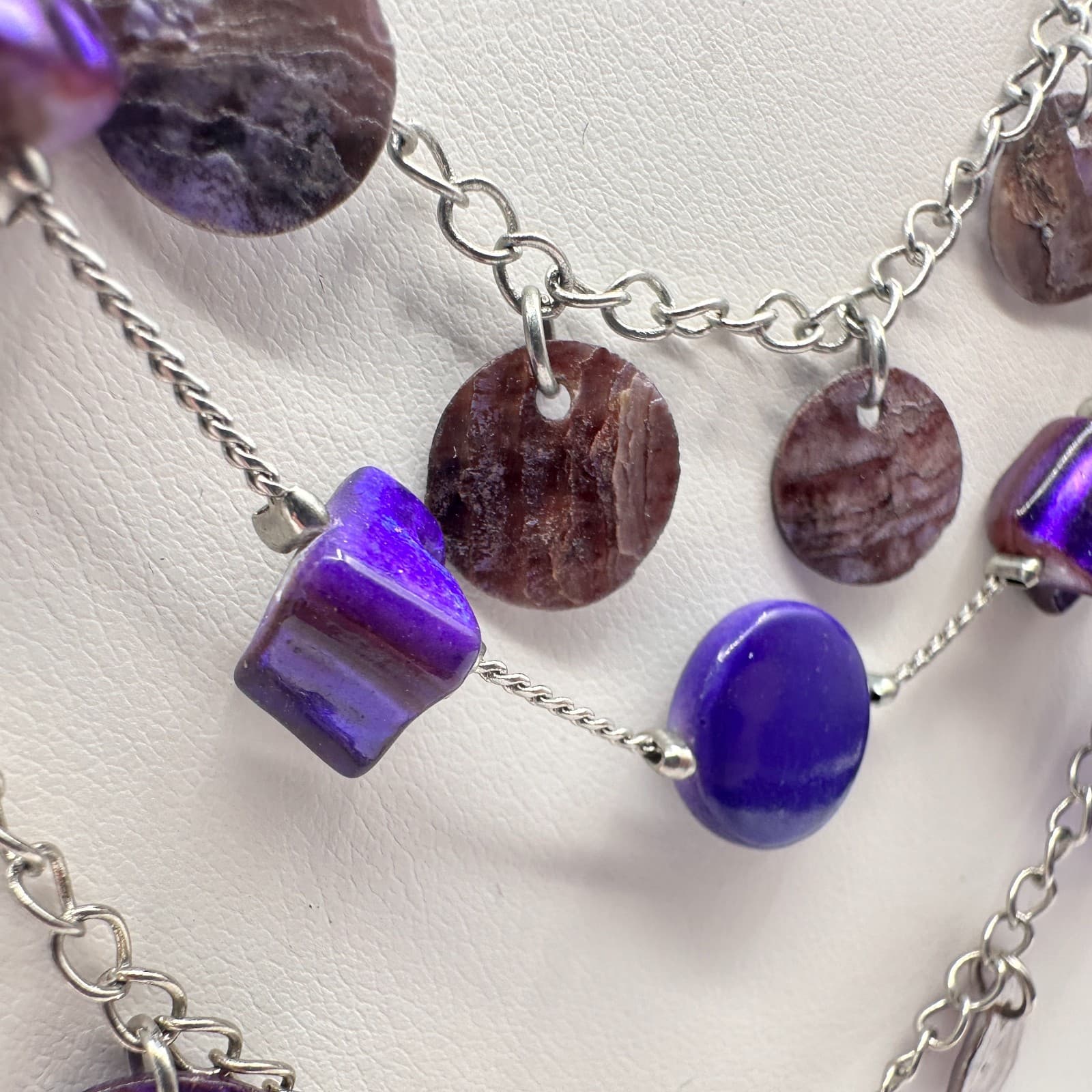 Vintage 90s Purple Shell Layered Statement Necklace Silver Tone Fashion Jewelry - Thumbnail 5